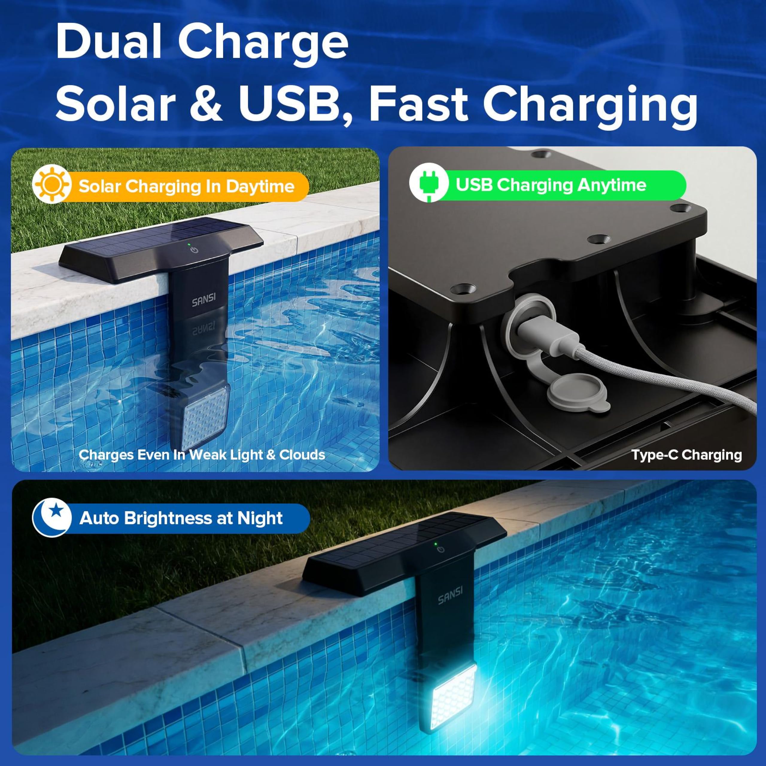 SANSI Luces Solares Para Piscina RGB 150° IP68 Impermeables Sumergibles Carga Solar Tipo C Control Remoto