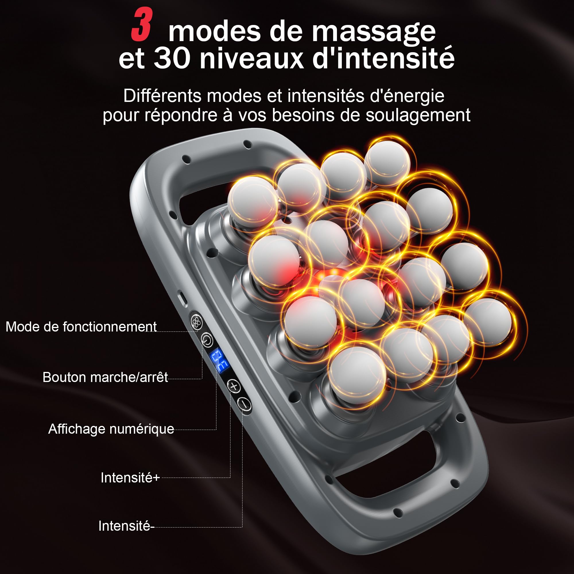 Pistolet de Massage à 16 Têtes, avec 3 Modes et 30 Vitesses Réglables, Masseur avec Lumière Rouge pour Soulager Les Tensions Musculaires et La Fatigue pour Le Dos, La Taille