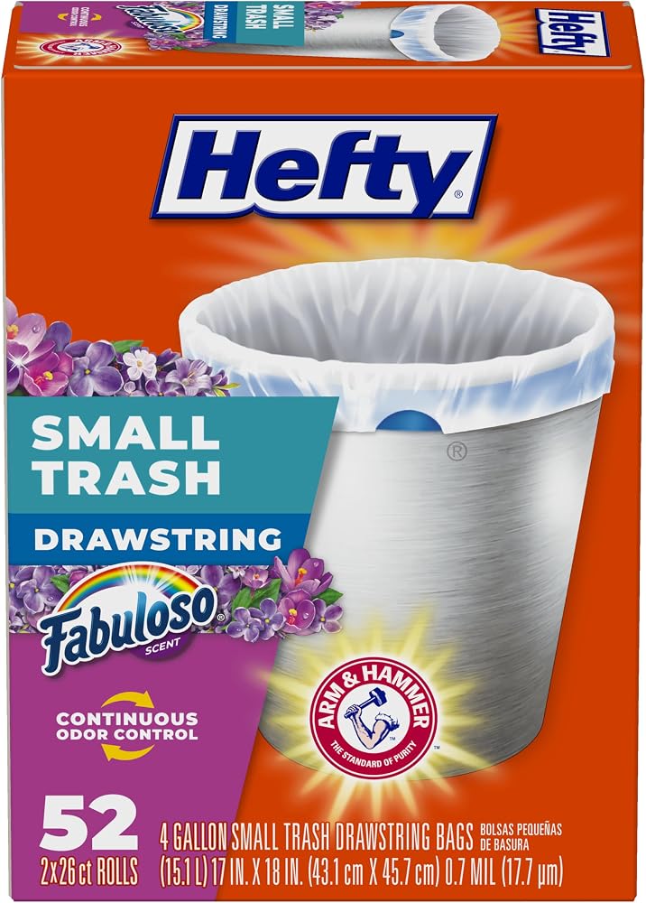 Hefty 4 Gallon Small Trash Bags, White, Fabuloso Lavender Scent, 52ct | Drawstring Closure, 4G Small White Trash Bags for Bathrooms, Dorm Rooms, Home Offices, Scented, Continuous Odor Control