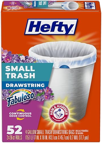 Hefty 4 Gallon Small Trash Bags, White, Fabuloso Lavender Scent, 52ct | Drawstring Closure, 4G Small White Trash Bags for Bathrooms, Dorm Rooms, Home Offices, Scented, Continuous Odor Control