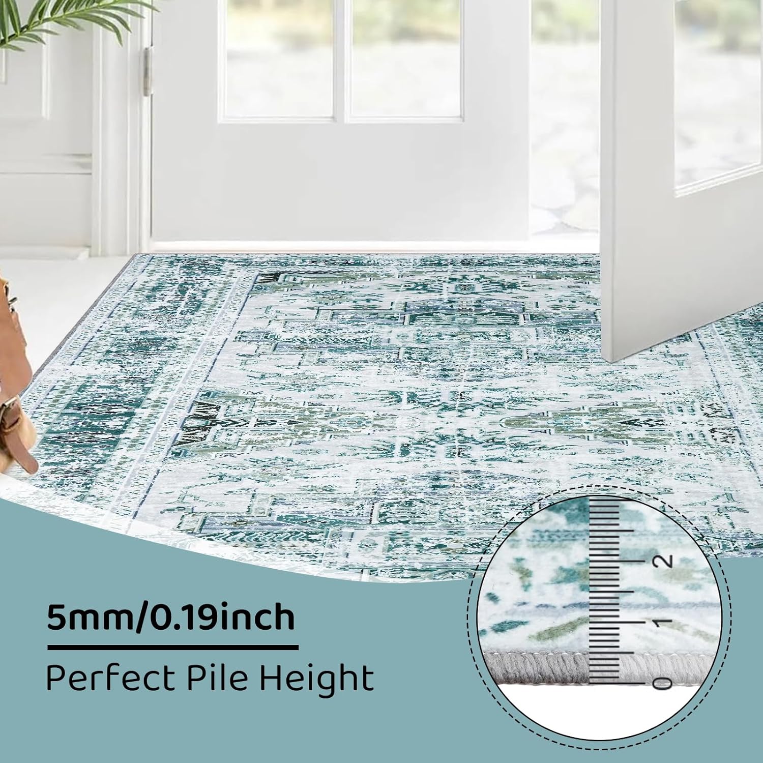 Area Rug, Washable Area Rug with Non-Slip Backing, Boho Vintage Rugs for Living Room, Bedroom,Dining Room,Kitchen,Office, Stain Resistant Large Area Rug (Green, 8' x 10')
