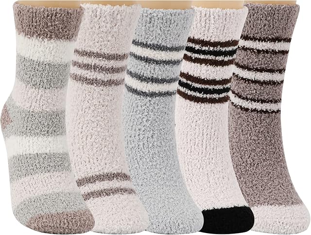 QKURT Men's Fluffy Socks, 5 Pairs of Thickened Coral Fleece Socks Winter Thermal Socks Soft and Comfortable Floor Socks Bed Socks with Classic Stripes for Men,Boys