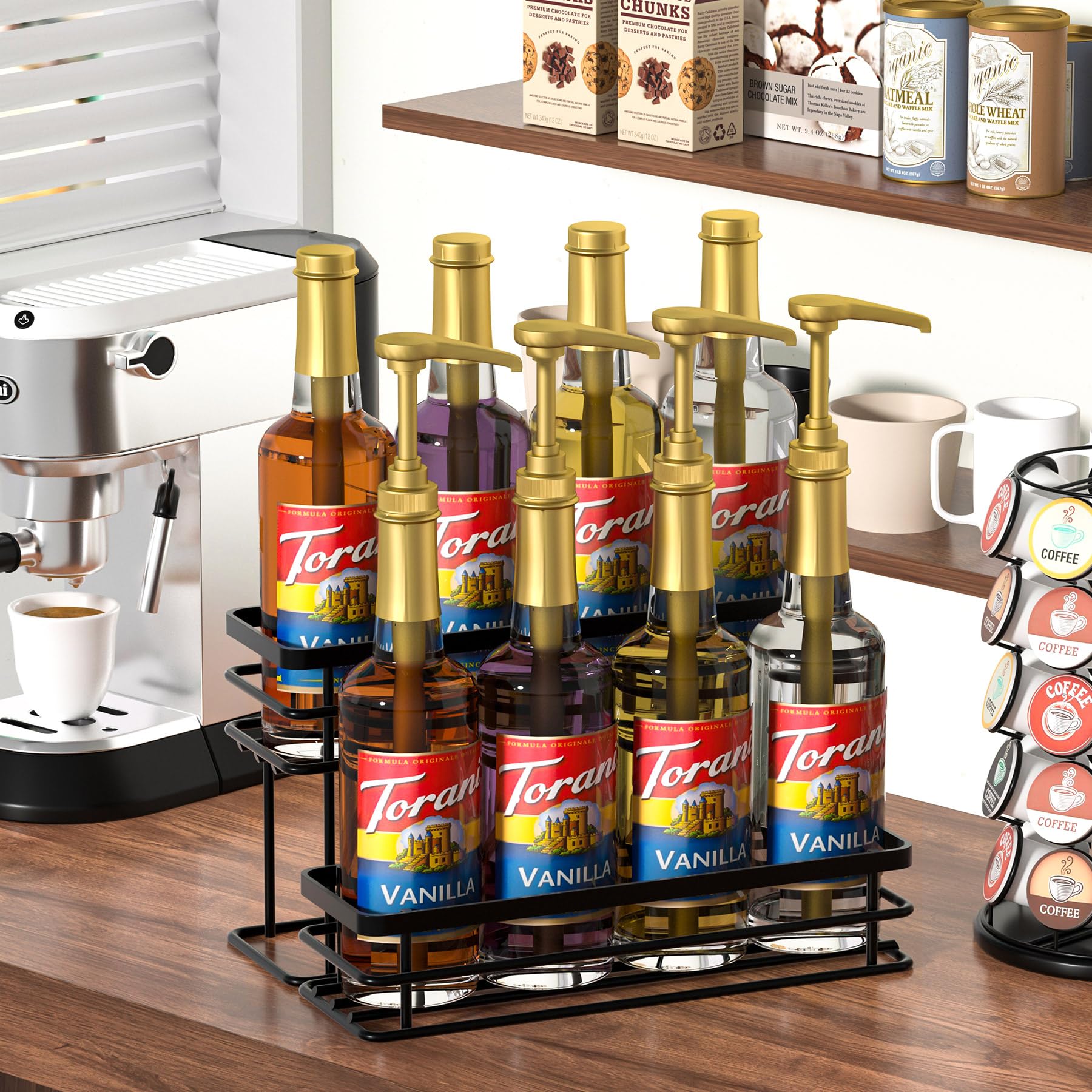 Organizador de jarabe de café, soporte para botellas de jarabe para barra de café, estantes de almacenamiento de 2 niveles para 8 botellas para jarabe, vino, aderezo para encimera de cocina