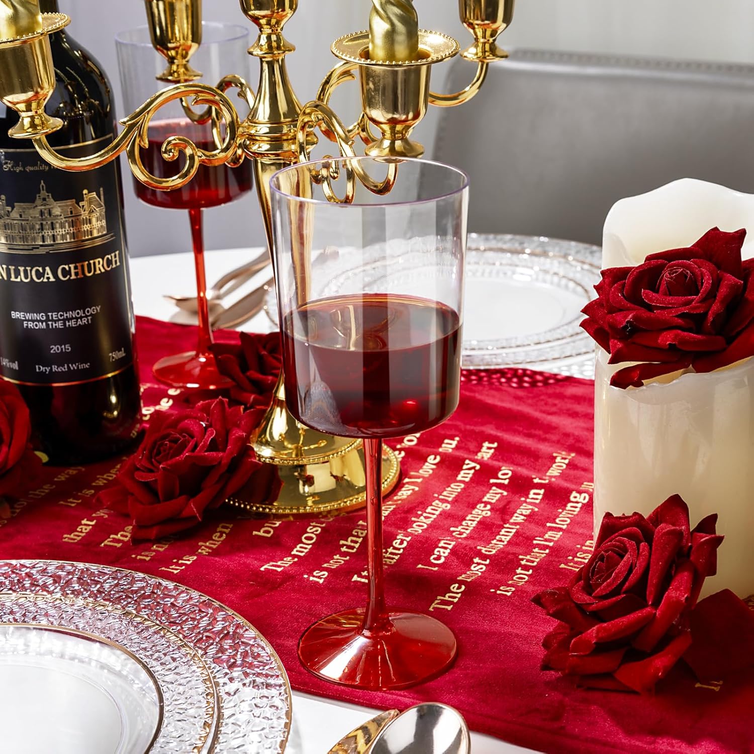 Ciaell 12 Pack 10 Oz Clear Plastic Wine Glasses with Red Stem - Disposable Cocktail Goblets Perfect for Parties & Weddings & Poolside & Outdoors & Camping & Party & Valentine's Day - Image 3