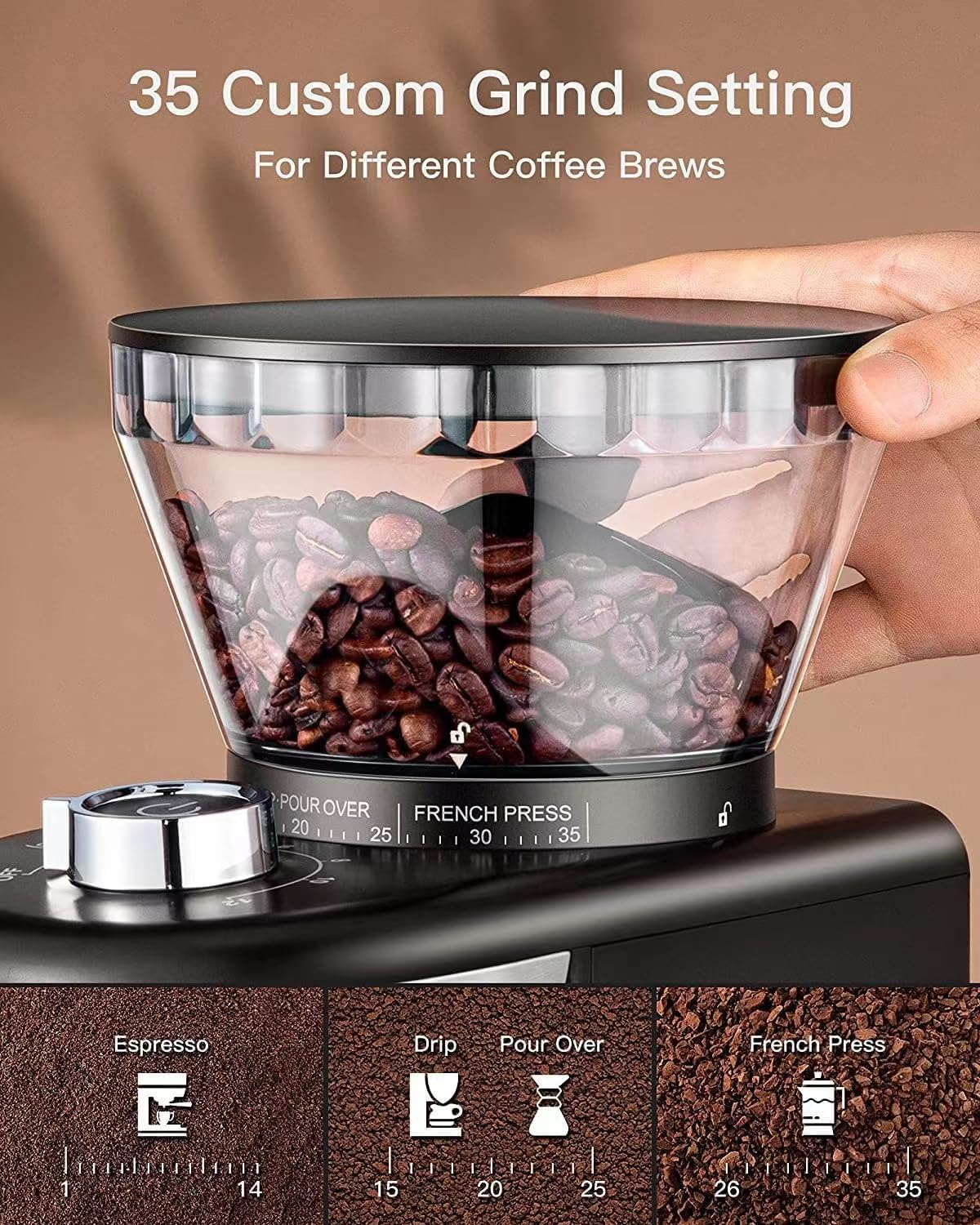 Conical Burr Coffee Grinder Electric, Adjustable Coffee Bean Grinder with 35 Precise Grind Setting for 2-12 Cup, Black (Coffee grinder)