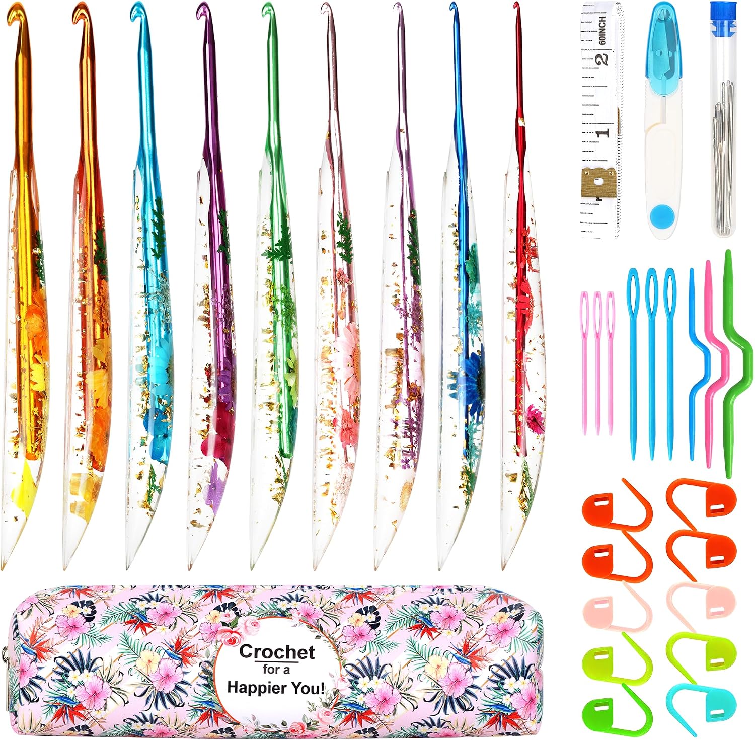 Coxyzoxy 9 Pcs Crochet Hook Set, Crochet Kit for Beginners Made of Epoxy Resin, 2.0mm-6.0mm Ergonomic Crochet Hooks, Perfect for Crocheting Blankets, Dolls, Shawls, Hats, and Scarves