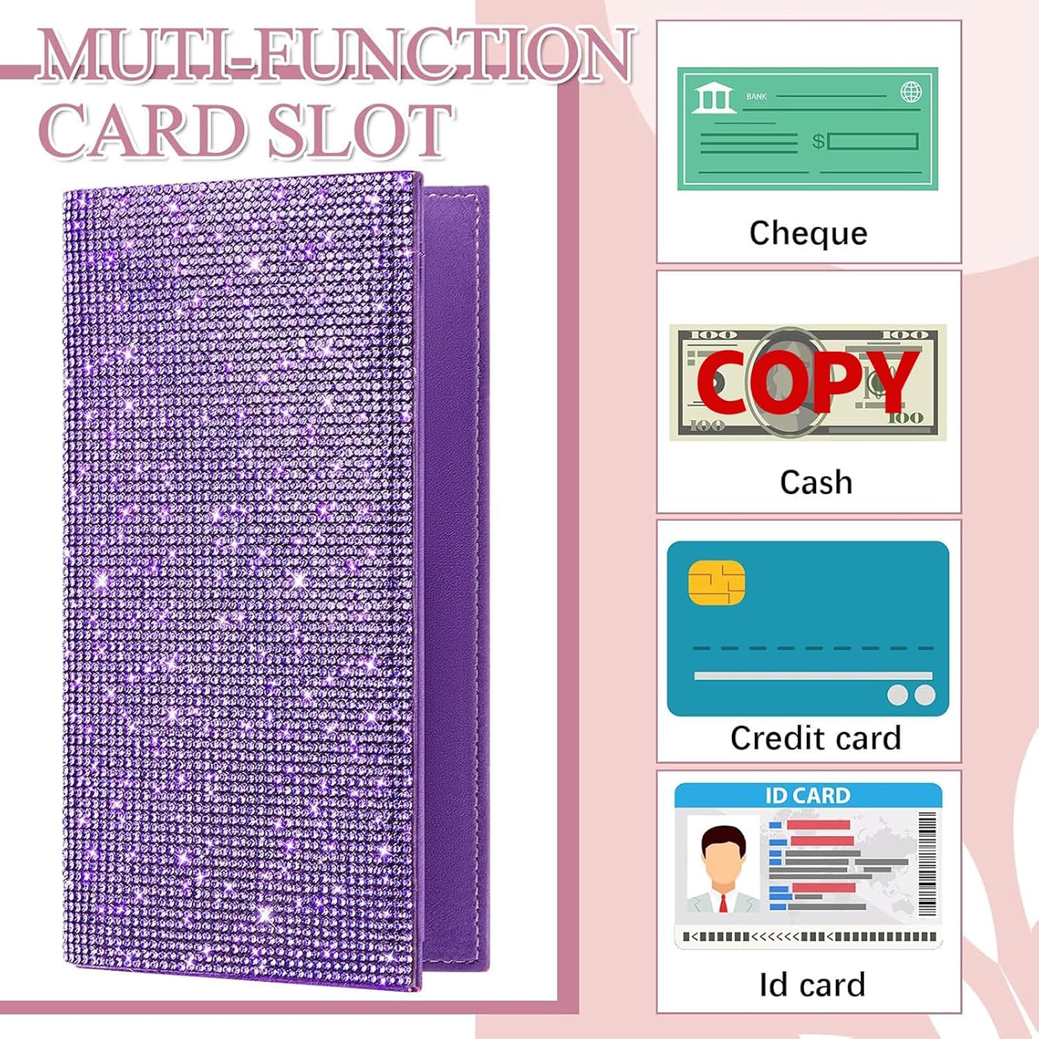 Checkbook Covers for Women Glitter Personal Checkbook with Duplicate Check Gift for Mother's Day Bling Rhinestone Sparkly Purple Rfid Blocking PU Leather Register Wallet with Pen Insert and Divider