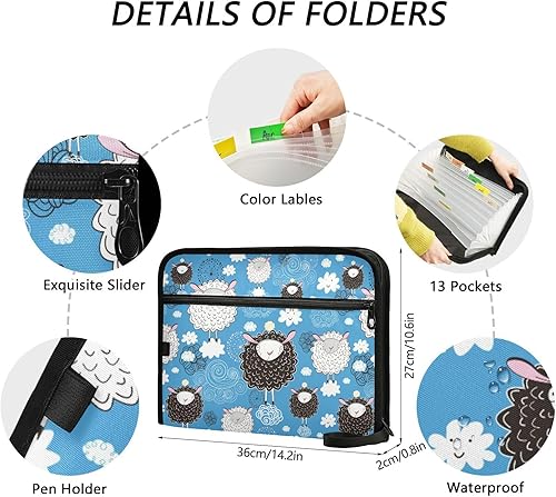 Miniatura 3 de Cartoon Cute Sheep on Cloud Blue File Folder Expandable 13 Pockets A4 Letter Size Organizer with Pockets with Zipper Closure Paper File Organizer