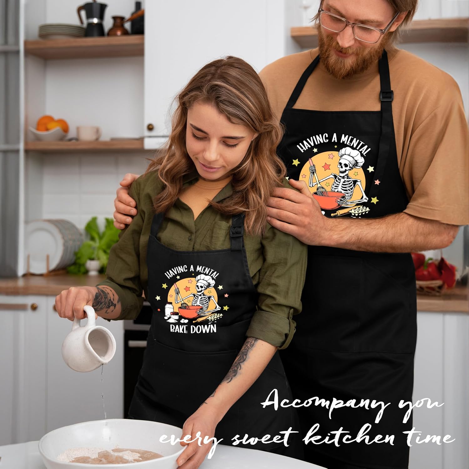 Funny Gothic Skeleton Baking Apron with Pockets, Funny Baking Gifts, Having a Mental Bake Down Waterproof Adjustable Cooking Apron for Kitchen Dishwashing Grilling - Image 2