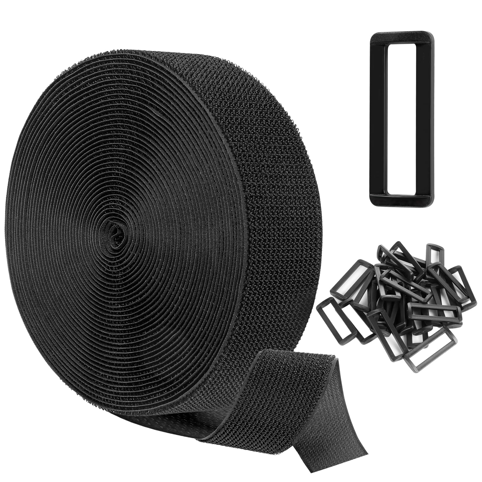 10m Adjustable Cable Straps with 50 Buckles, Free Cut Length, Black Reusable Fastening Cable Ties, Hook and Loop Securing Strap for Cable Tidy, Wire Management, Cord Organiser (5cm x 10M)