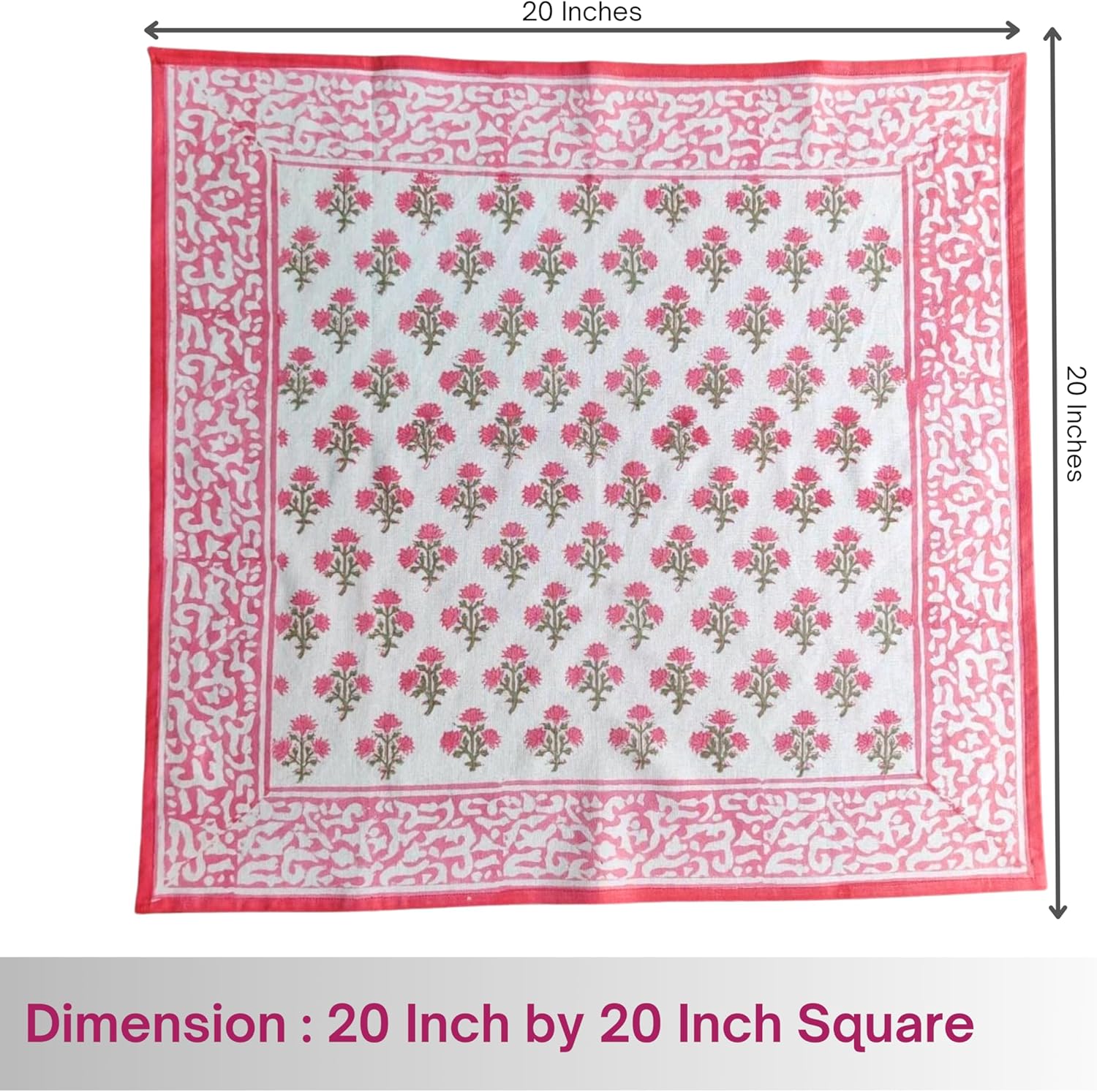 ATOSII Gulbahar White Pink 100% Cotton Cloth Napkins, Handblock Print Designer Table Linen, Perfect for Dinners, Weddings, Cocktail, Kitchen, Thanksgiving/Christmas I 20" X 20" Inches I Set of 4