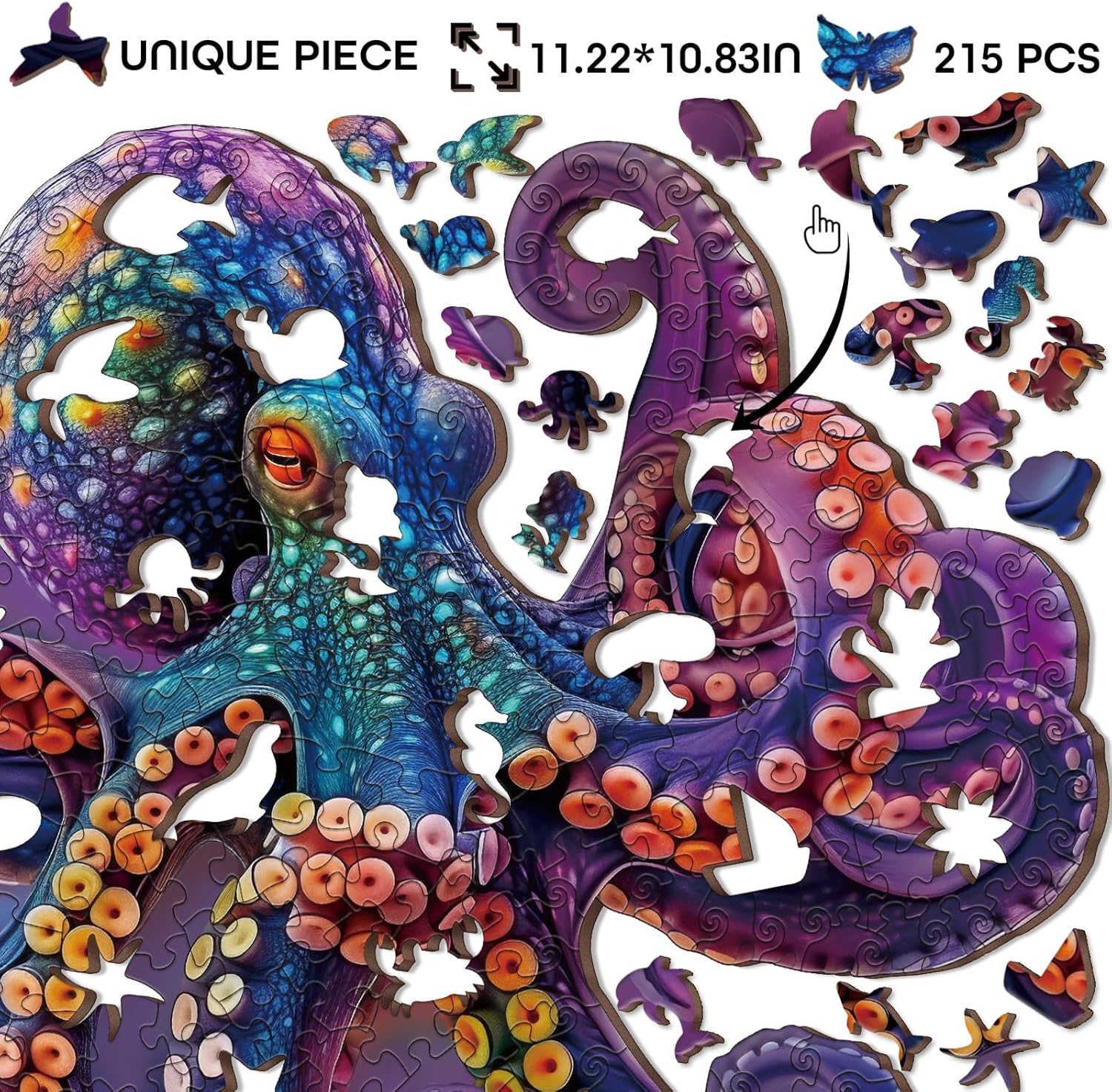 Colorful Octopus Wooden Puzzle for Adults 215 Pieces, Unique Ocean Animal Wood Puzzle for Adults, Funny Sea Puzzle 215 Pieces