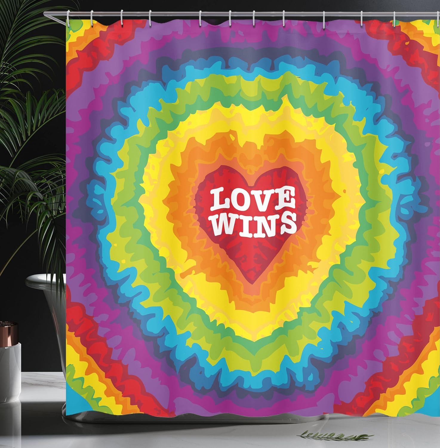 Ambesonne Pride Shower Curtain, Love Wins Celebration Tie Dye Digital Print Backdrop and Rainbow Colors Happiness, Cloth Fabric Bathroom Decor Set with Hooks, 69" W x 75" L, Purple Red
