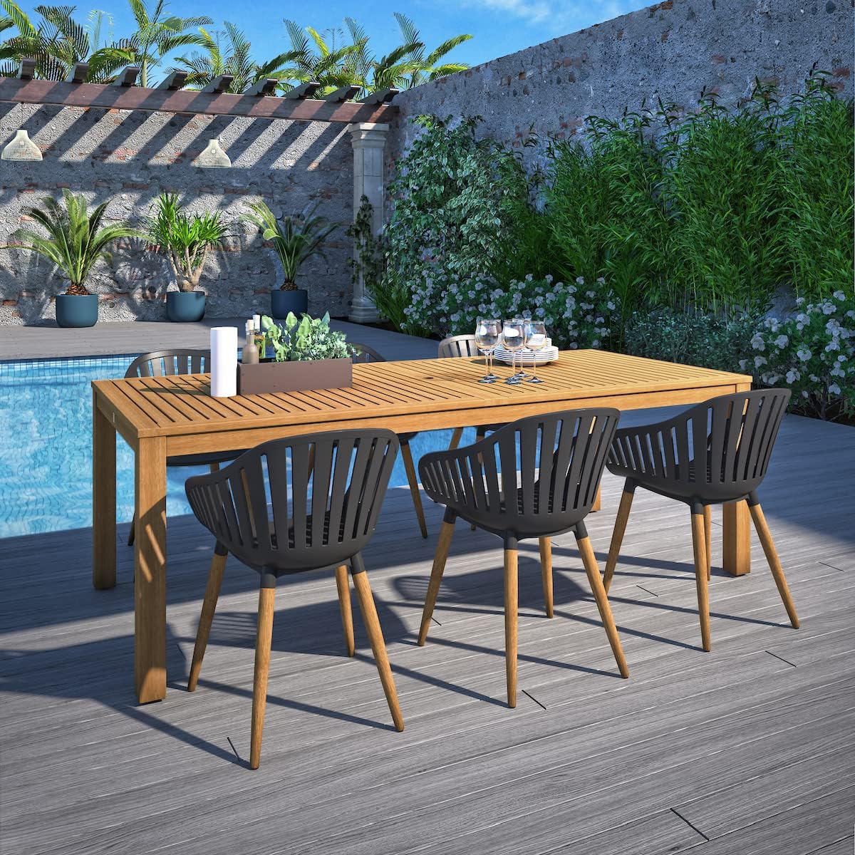 Brampton Patio Brampton Venice 9-Piece Outdoor Rectangular Dining Table Set | Dark Teak Finish | Ideal for Patio and Indoors