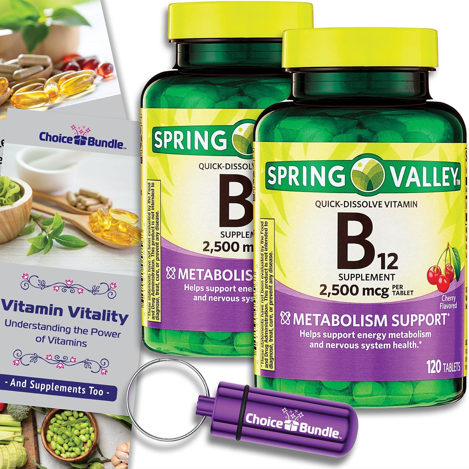 Spring Valley Vitamin B12 Quick Dissolve Tablets 2500 Mcg B Vitamins Complex 120 Ct 2 pk (240 Total) + Vitamin Vitality & Pill Container (4 Items)!