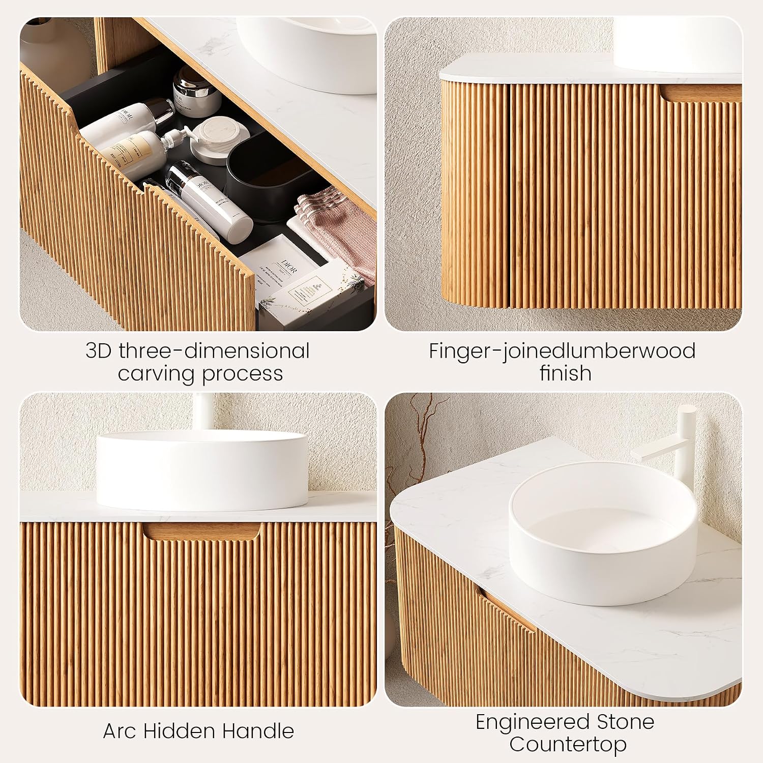 48 Inch Bathroom Vanity with Sink, Modern Wall Mounted Floating Cabinet with Ceramic Basin and Marble Top, 2 Extra Large Storage Drawer, Soft-Close Design, Nature Wood Wall Mounted Vanity,Brown