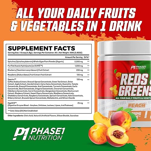 Miniatura 2 de Reds and Greens Superfood Essentials with PhytoServ - Peach - Todo natural, antioxidantes, espirulina, hongos suplemento saludable para la