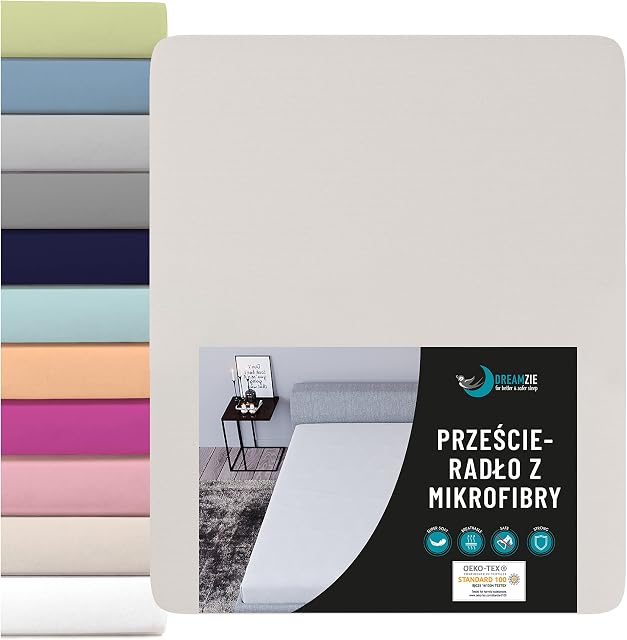 Dreamzie prześcieradło z gumką na materac 90 x 200 cm, 100% poliestrowa mikrofibra, beżowe, certyfikat Oeko Tex, bez substancji chemicznych, miękki efekt skórki brzoskwini