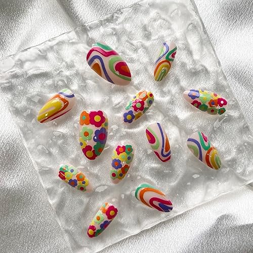 Miniatura 6 de Uñas postizas a presión con forma de almendra, longitud media, con diseños de espirales coloridos, uñas acrílicas de flores, pequeñas margaritas,