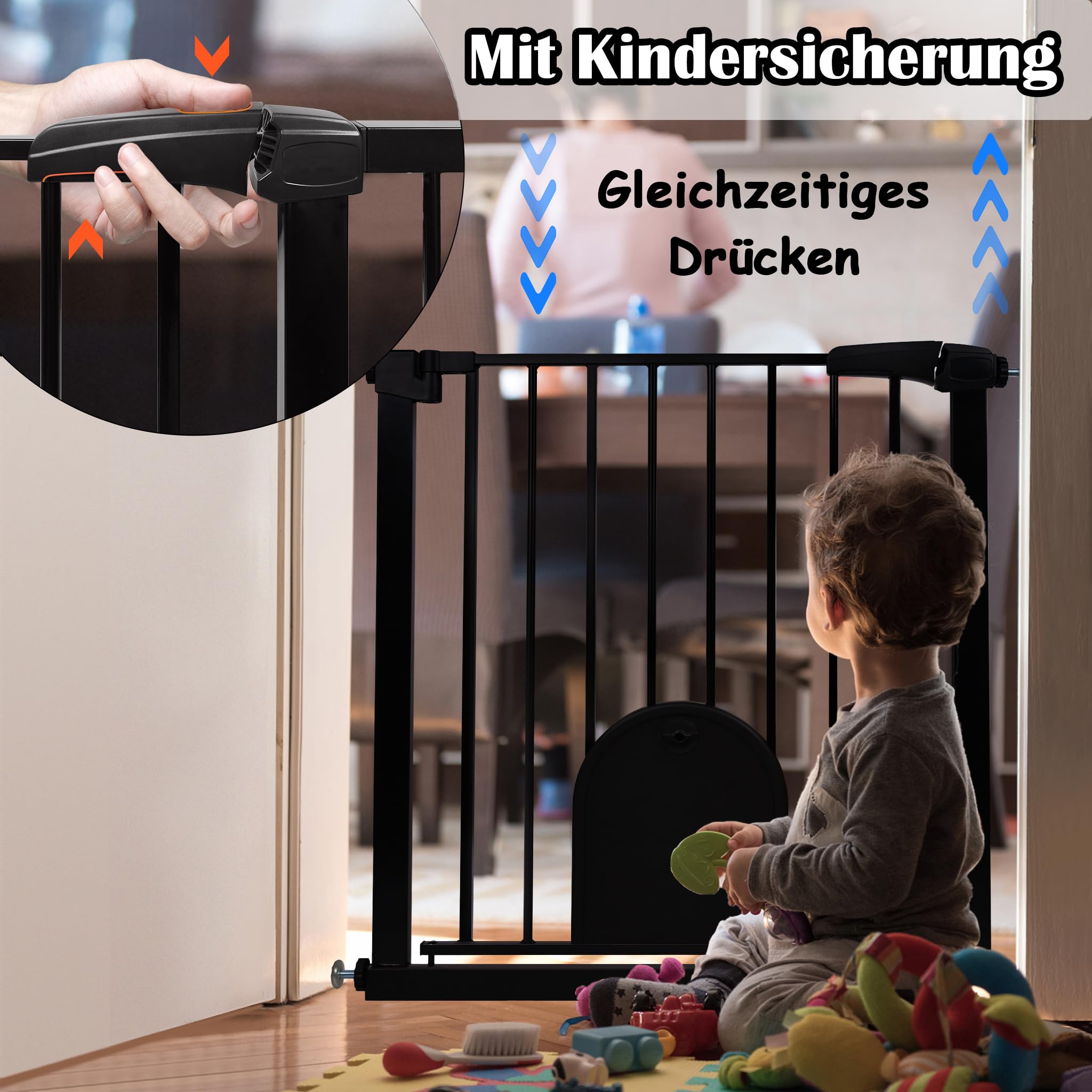 NAIZY Barrera de seguridad para niños, incluye puerta para animales, protección de escaleras N Stop Safety Gate con sin taladrar y rejilla metálica, ampliable con extensión separada, 85-95 cm de