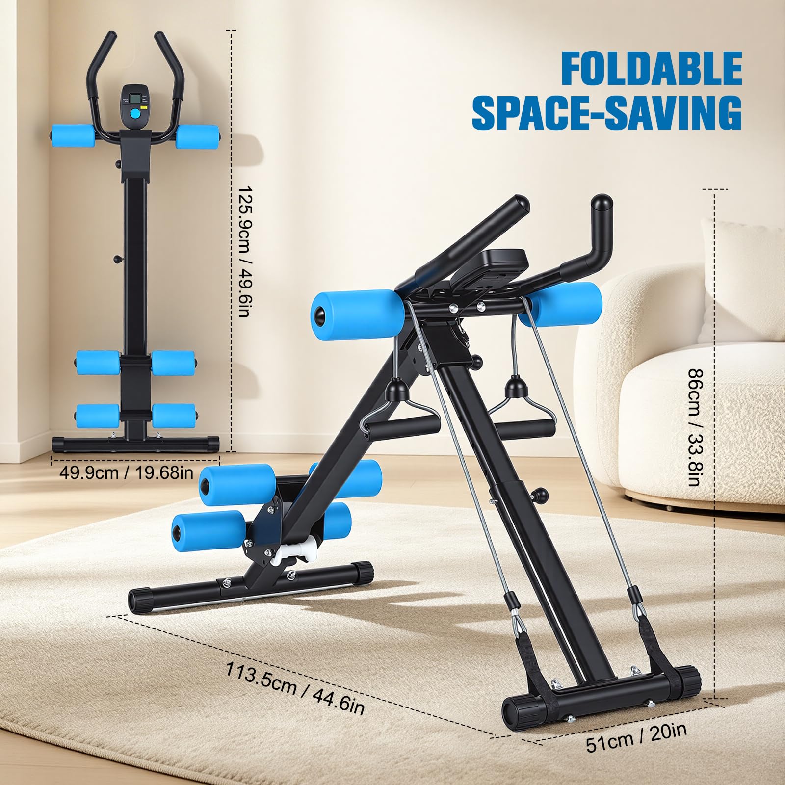 Bauchmuskeltrainer für Zuhause, 2 Einstellbare Winkel & 5 Höheneinstellungen/200kg Belastbarkeit, Ausgestattet mit LCD-Bildschirm, Multifunktionales Ganzkörper-Trainingsgerät (Blau)