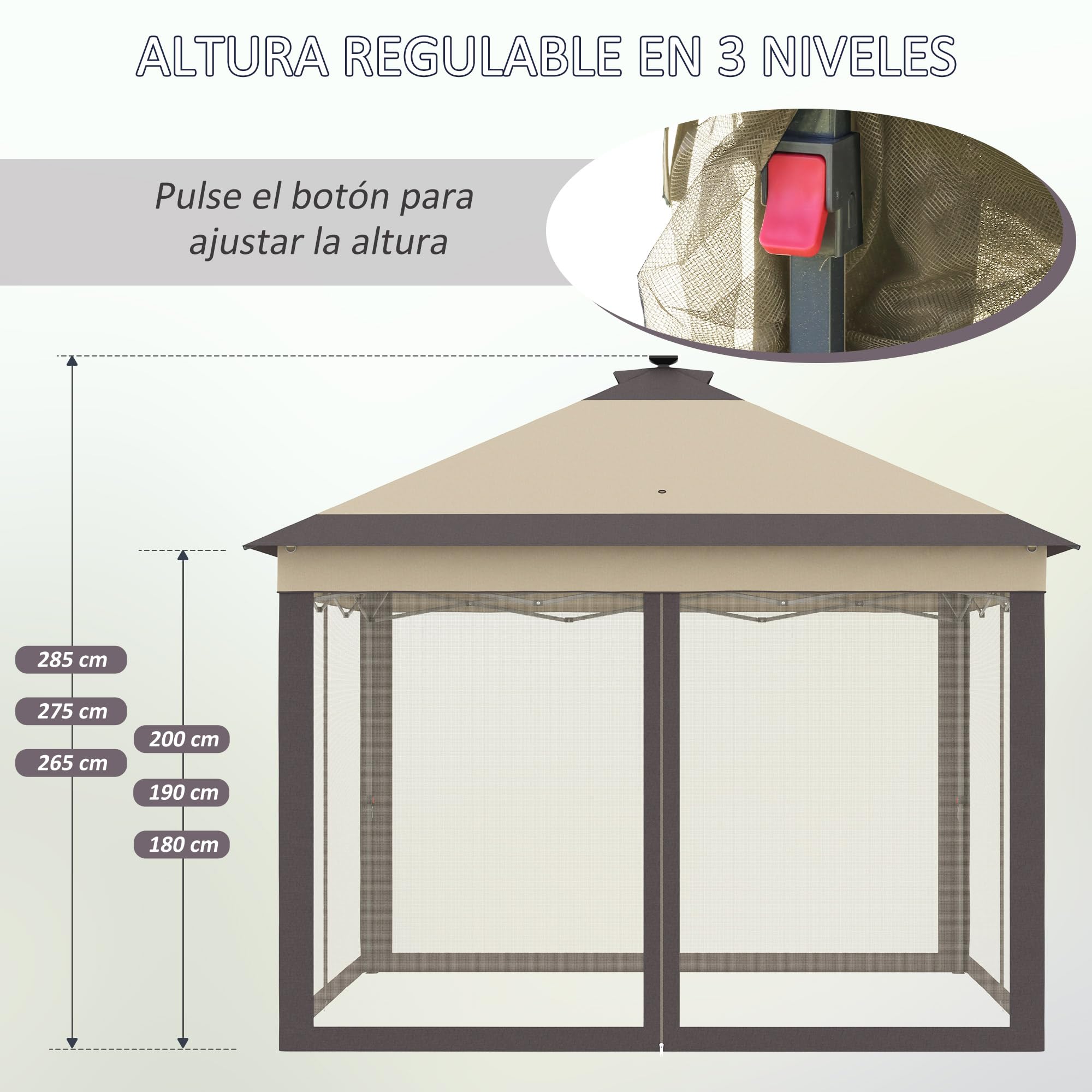 Outsunny Carpa Plegable con Luces LED 3,3x3,3 m Cenador de Jardín con Control Remoto 4 Paredes Laterales de Malla Altura Ajustable y Bolsa de Transporte para Patio Fiestas Beige