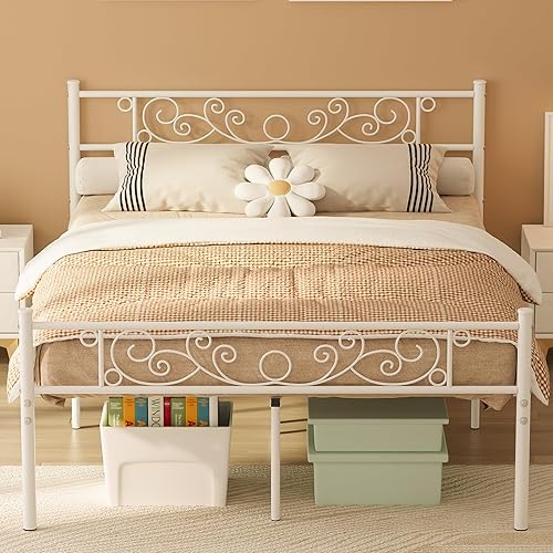 Elephance Base de cama de tamaño matrimonial con cabecera y estribo, marco de cama de plataforma de metal con espacio de almacenamiento de 14