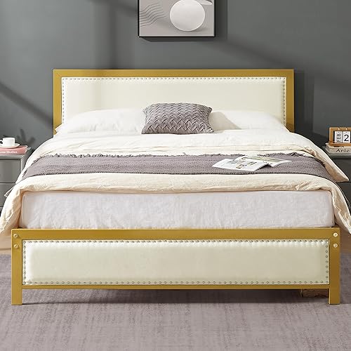 VECELO Queen Size Bed Frame with Upholstered Headboard, Heavy-Duty Platform with Strong Metal Slats, No Box Spring Needed, Easy Assembly, Velvet & Beige