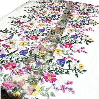 TUIUSTU Lace Fabric,1Yards Length 36 Width 53 Colorful Floral Embroidered Lace Fabric for Sewing Dresses WeddingApricot mesh Width 36inch