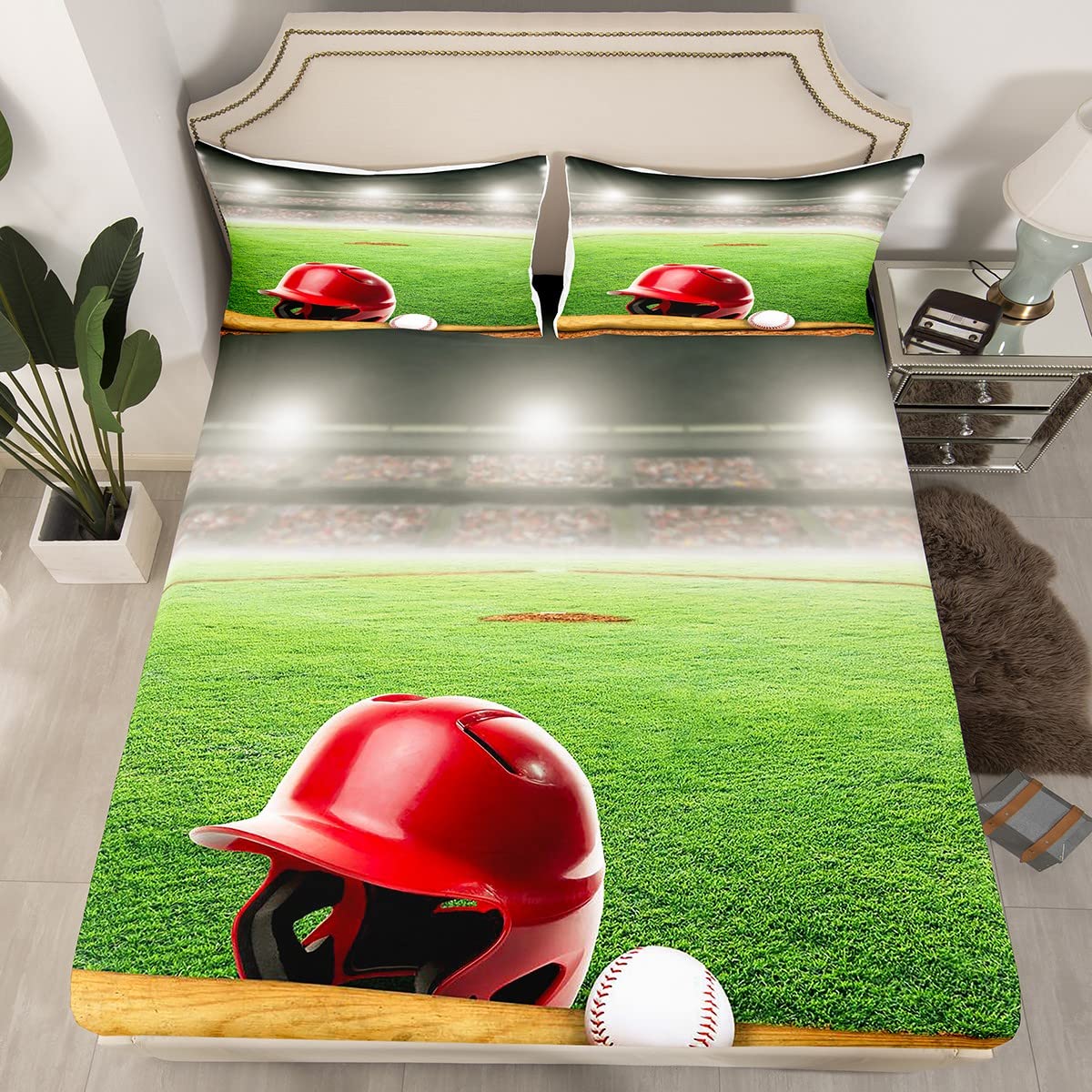 Baseball Fitted Sheet Sports Bedding Set for Kids Baseball Games Bed Sheet Set Green Baseball Stadium 3Pcs King Size
