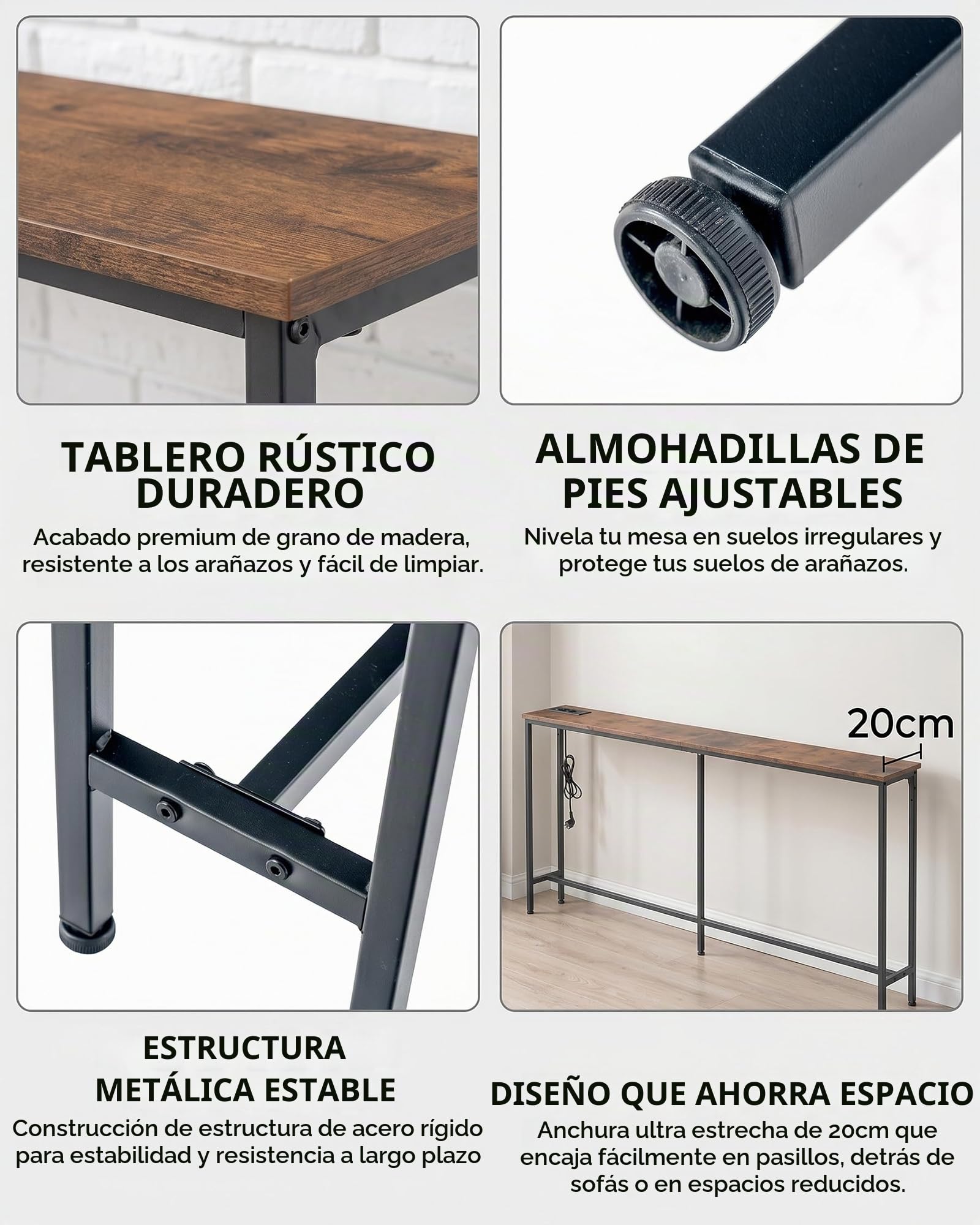 Consola Recibidor Madera 20 cm Fondo, Recibidores de Entrada, Mueble Recibidor Entrada, Mesa Alta de Estilo Industrial con 2 enchufes y 2 interfaces USB