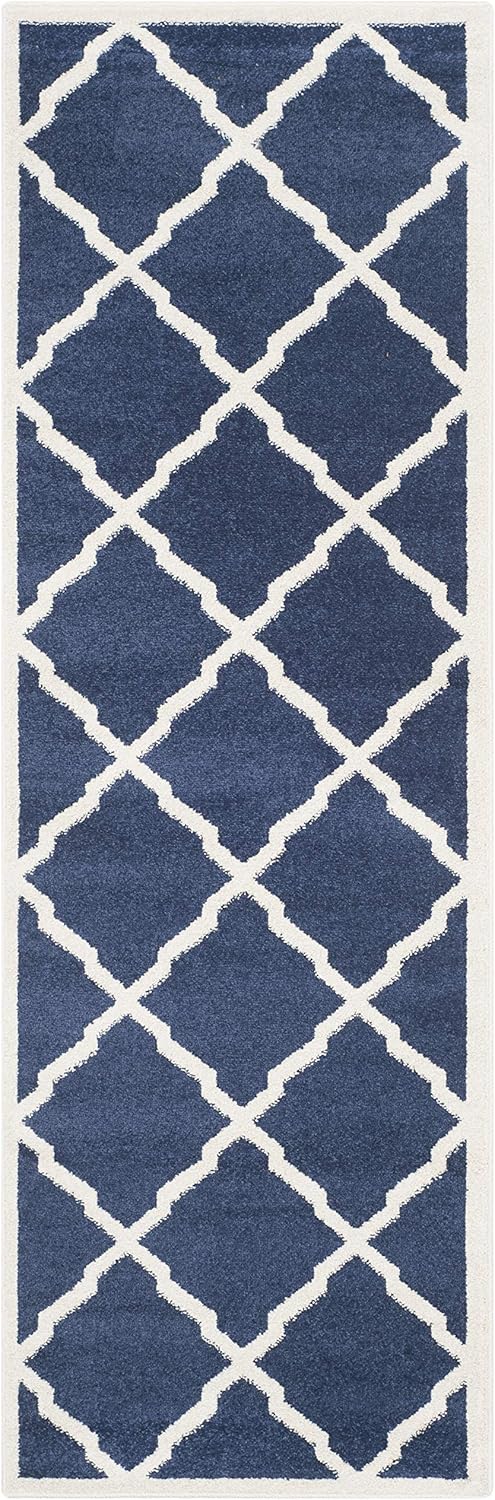 Navy and Beige Geometric Cotton Runner Rug