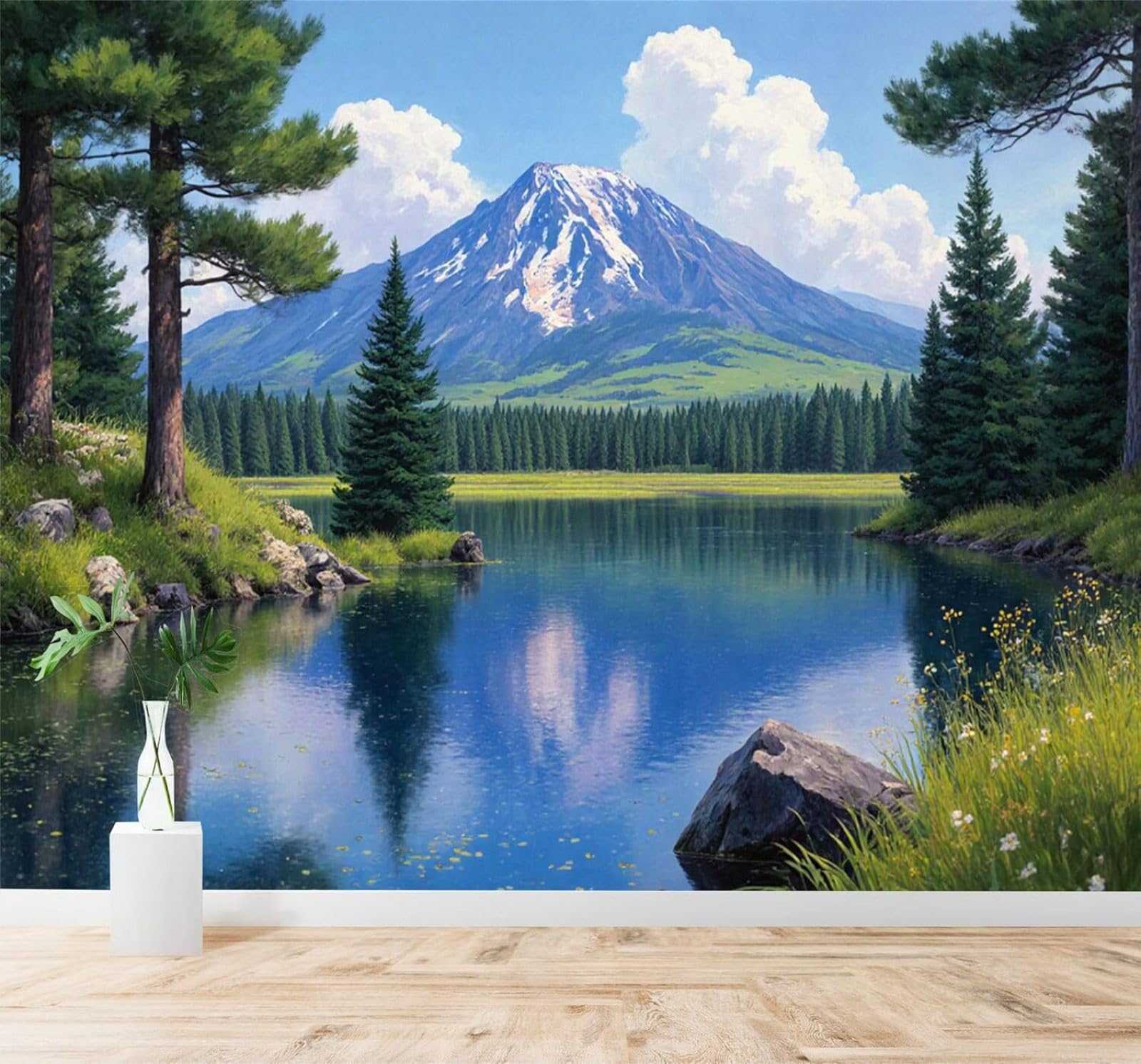 XLMING Snow Capped Mountains Lakes Pine Forests Sky Natural Scenery 3D Wallpaper Silky Texture Home Study Office Grey Dining Room Sofa Bedroom Living Room TV Backdrop-200cm×140cm