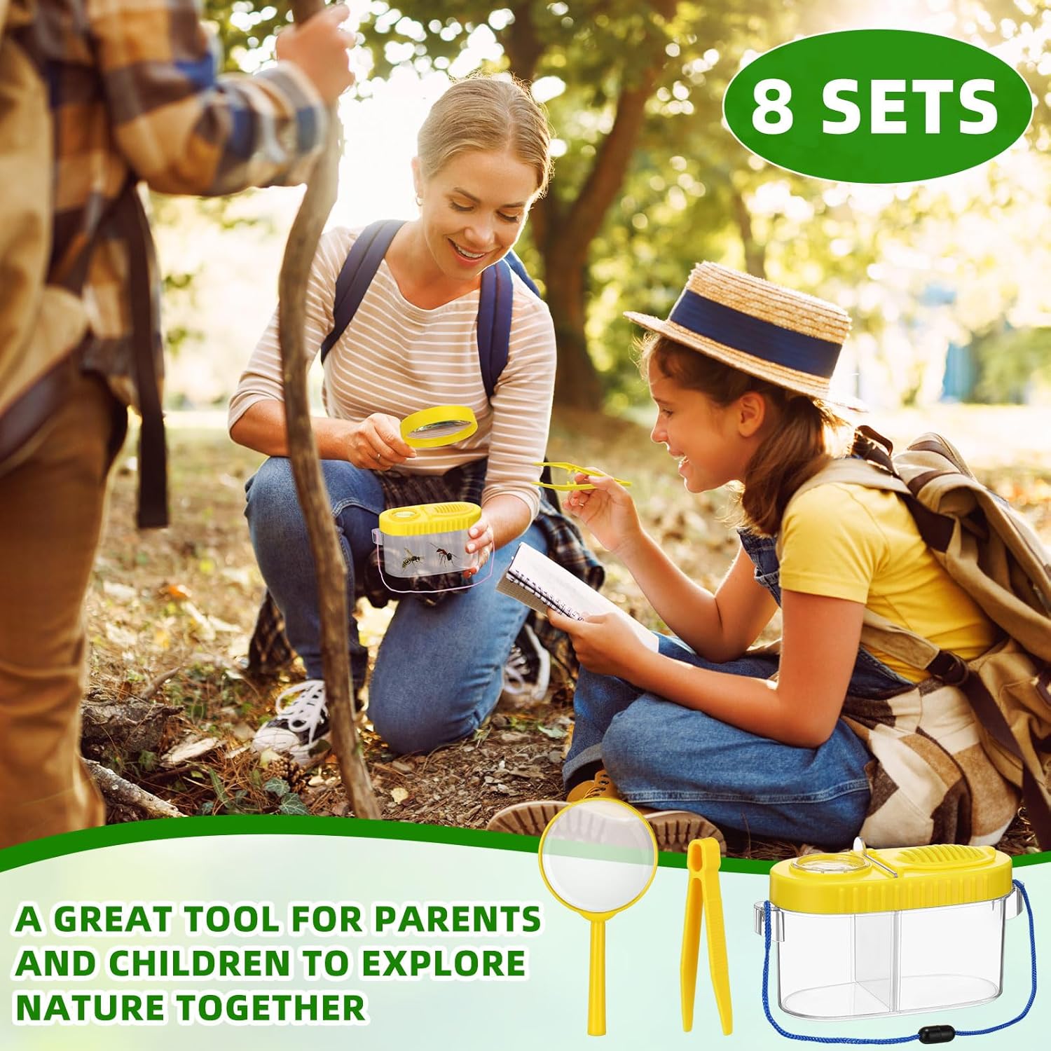 Halloscume 8 Pack Bug Catcher Kit Outdoor Toy Gift for Kids with Bug Containers Magnifying Glass Tweezers Collection Kit Kid Outdoor Explorer(Yellow, Blue)