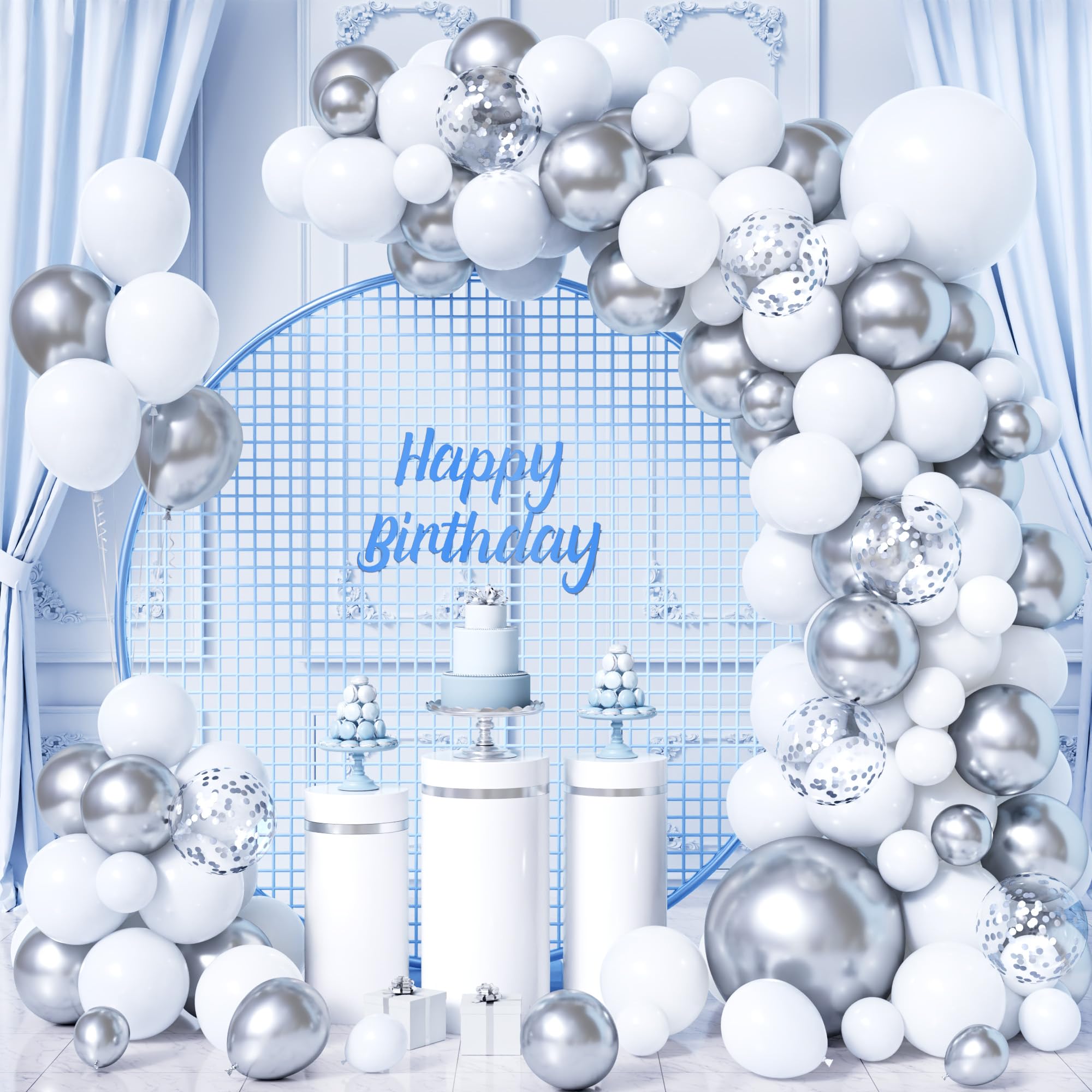Kit Arco Guirnalda Globos Plata Blanca, 116 Piezas Arco Globo Blanco Plateado Metálico Con Globos De Confeti Para Mujeres Niñas Cumpleaños Baby Shower Boda Aniversario Decoración Fiesta