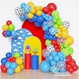 Amandir 152Pcs Blue Red Yellow Balloon Arch Garland Kit, Different Sizes 12 10 5 Cow Cloud Pattern Green Confetti Latex Balloons For Cartoon Theme Birthday Baby Shower Decorations