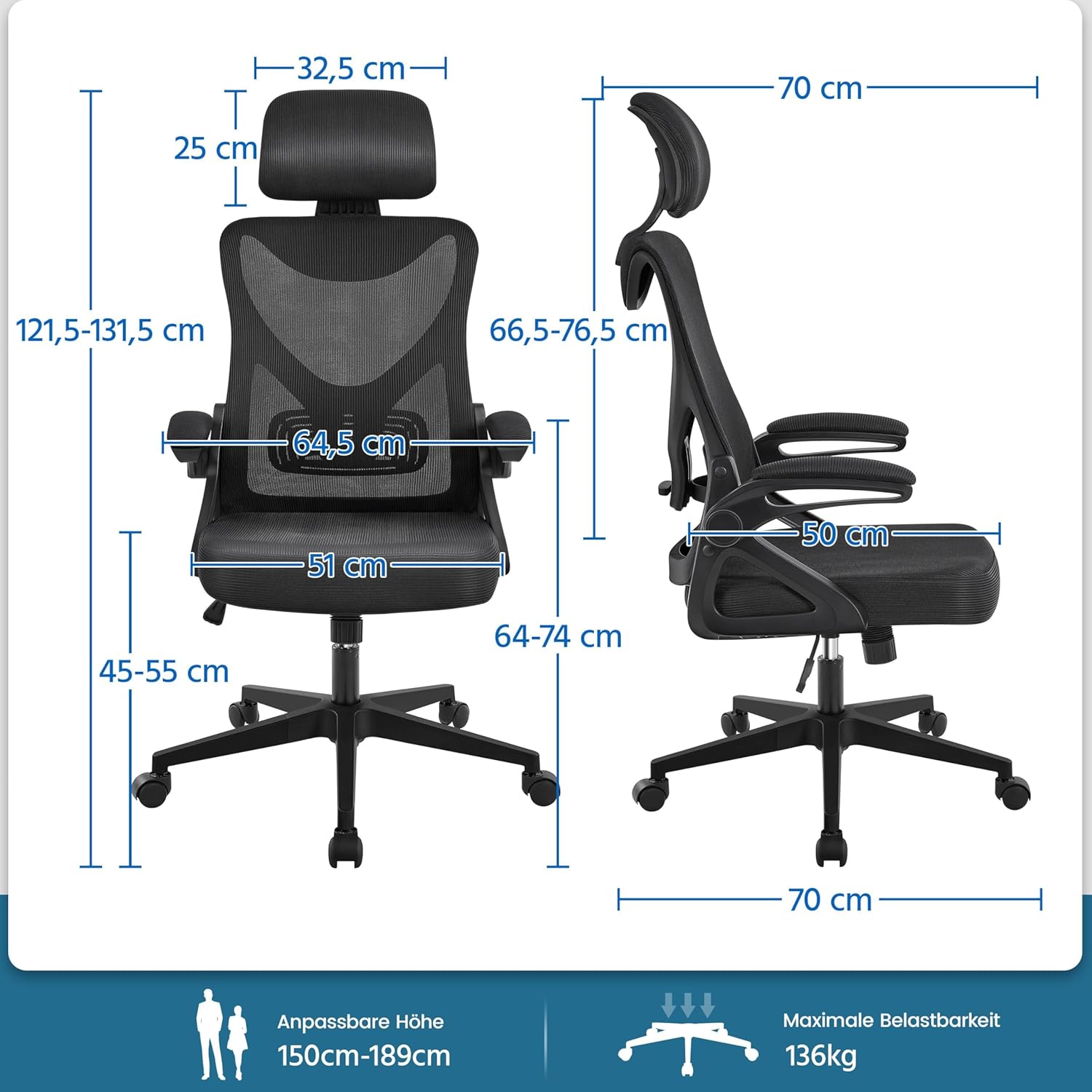 Diagram showing dimensions of the Yaheetech Office Chair