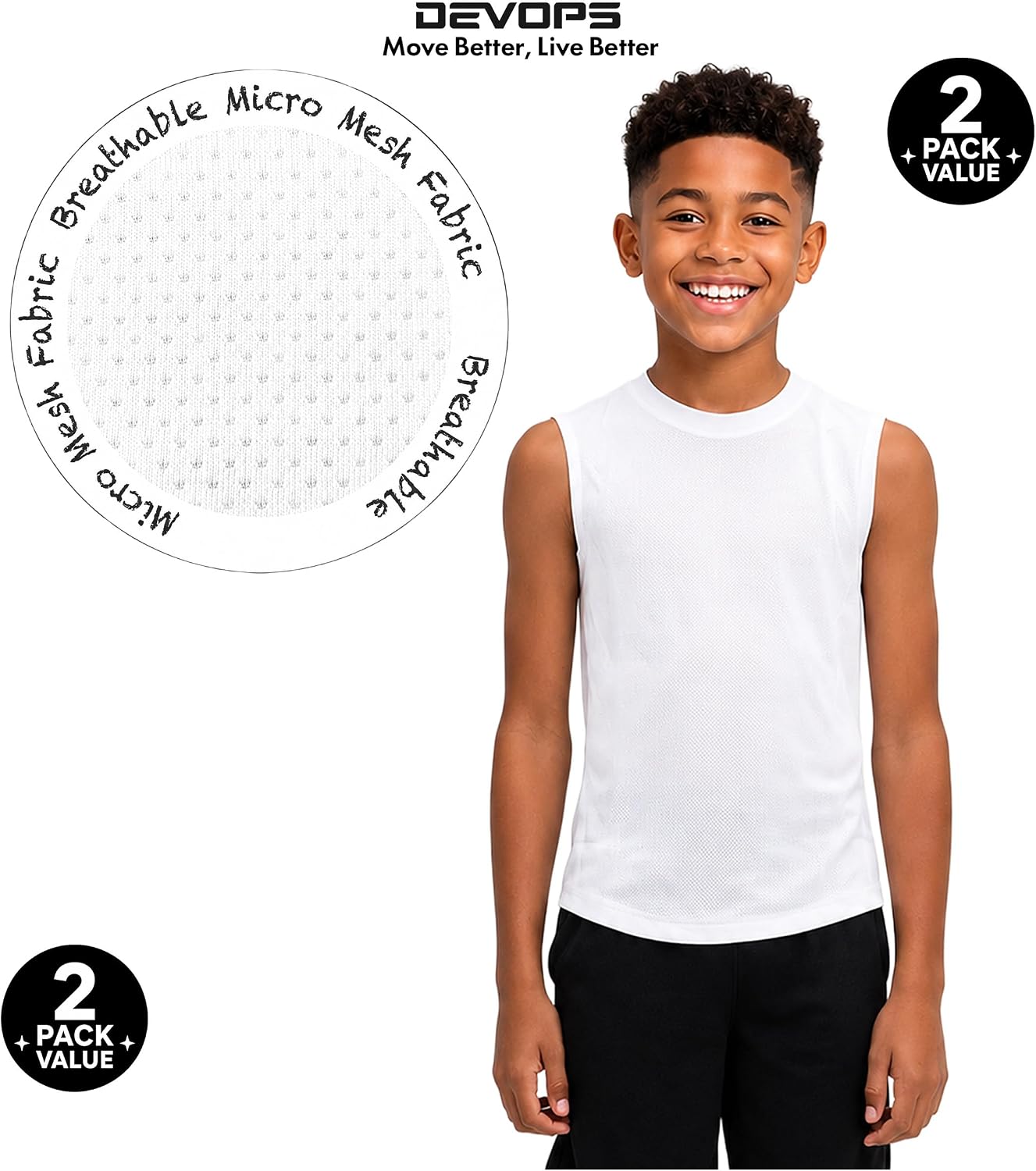 DEVOPS 2 Pack Boys Athletic Tank Tops Breathable Mesh Sleeveless Shirts