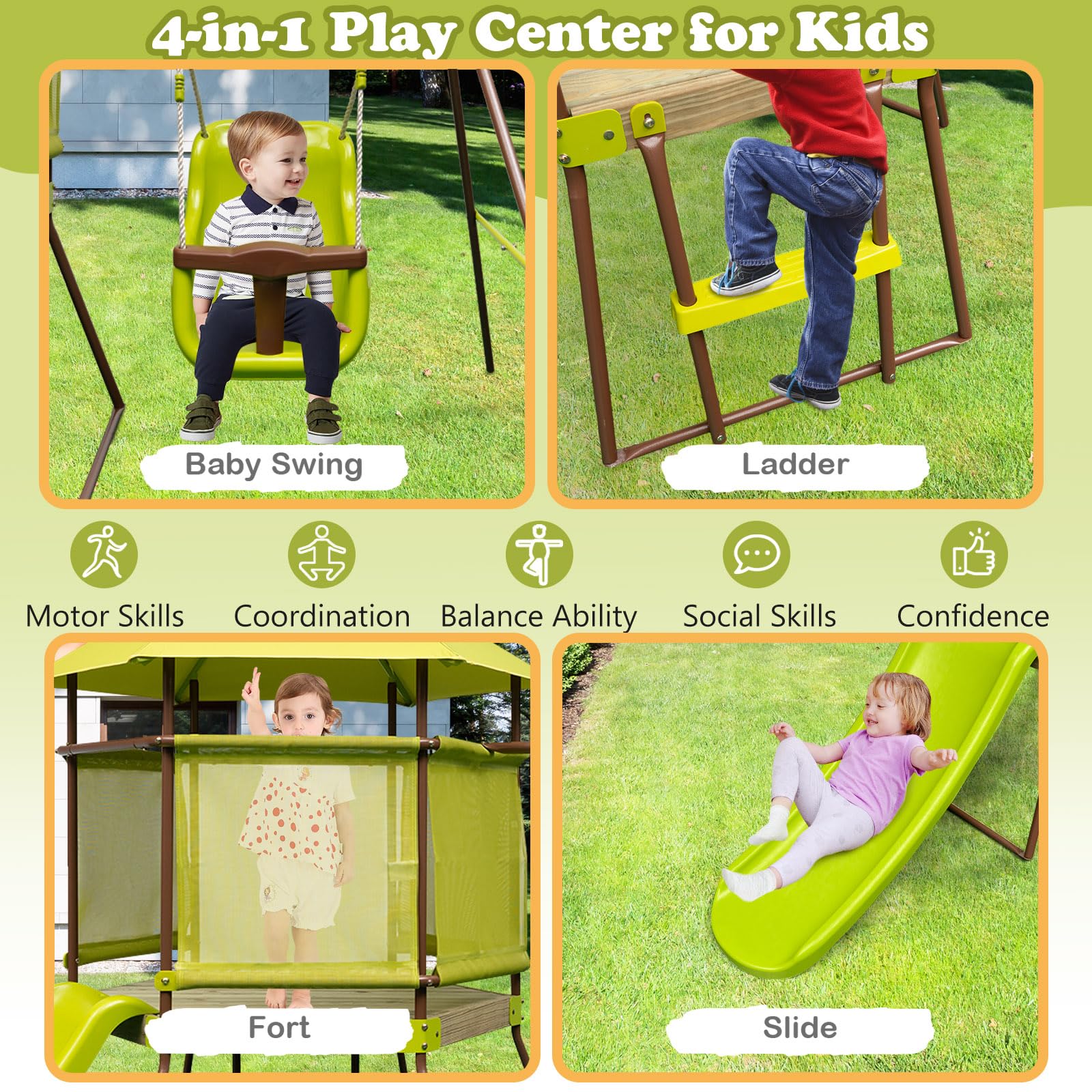 Portique Balancoire Exterieur Enfant 3-en-1, Set Balançoire avec Grille Escalade & Panier Basket, Aire de Jeux Jardin Acier, 310x174x203cm dès 3 Ans