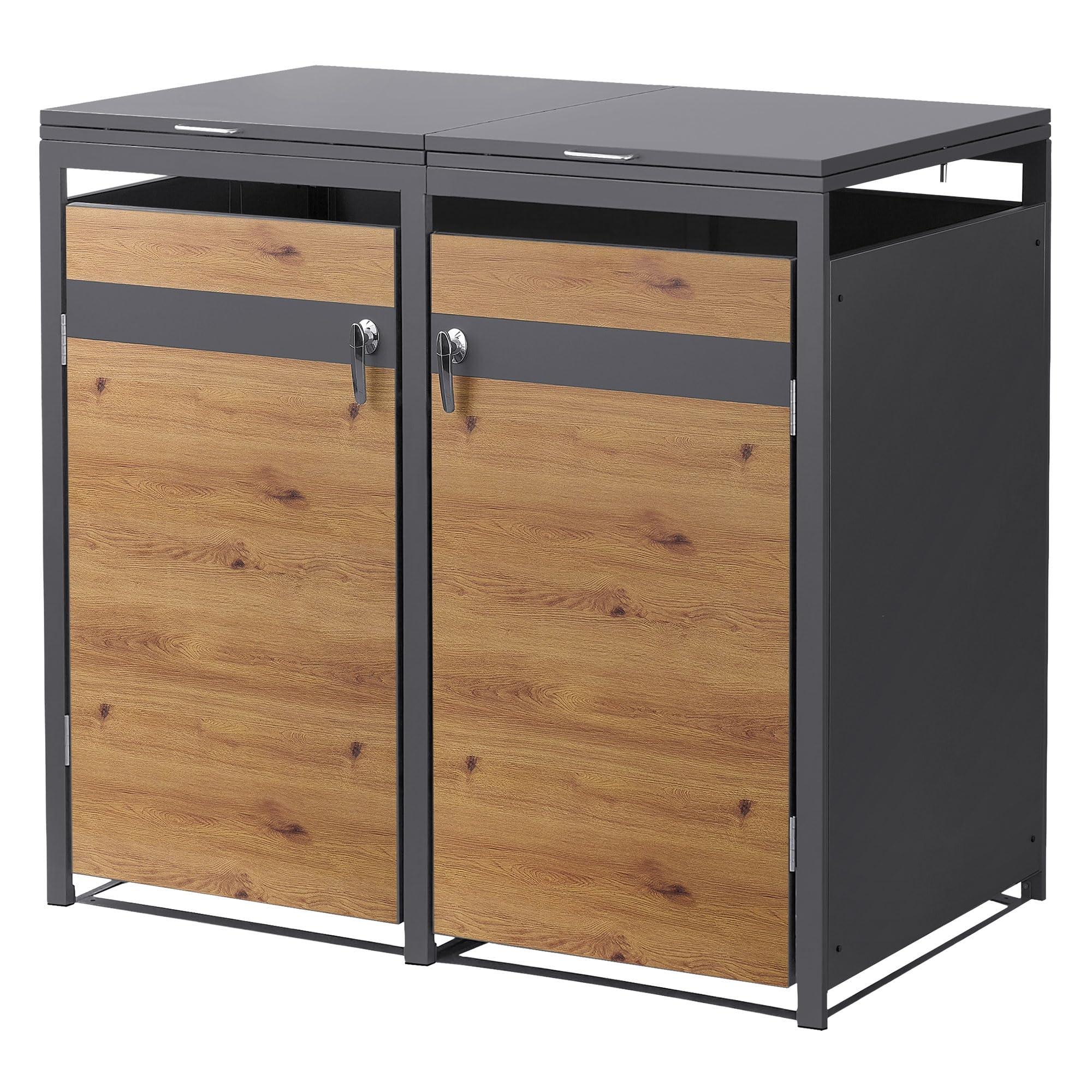 ML-Design Box pour 2 Poubelles, 240L, 132x80x120 cm, en Acier, Anthracite/Aspect Chêne, Résistant aux Intempéries, Habillage de Poubelle avec Couvercle Rabattable/Porte, Conteneur Abri Hangar