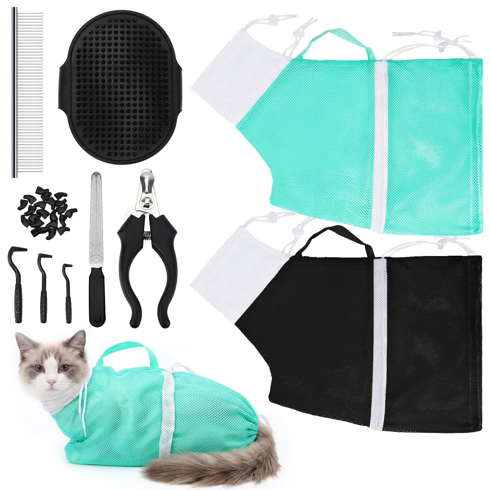 JULMELON Cat Bathing Bag Kit Adjustable Mesh Cat Washing Bag with Nail Clippers Nail File Brush Comb Tick Remover Tool Pet Grooming Bag for Cats and Small Dogs