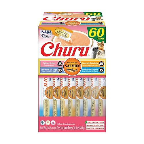INABA Salmon Churu Cat Treats, Lickable, Squeezable Creamy Purée Cat Treat with Green Tea Extract & Taurine, 14 Grams Each Tube, 60 Tubes, Salmon Variety Box - Salmon Variety - 1 count (Pack of 60)