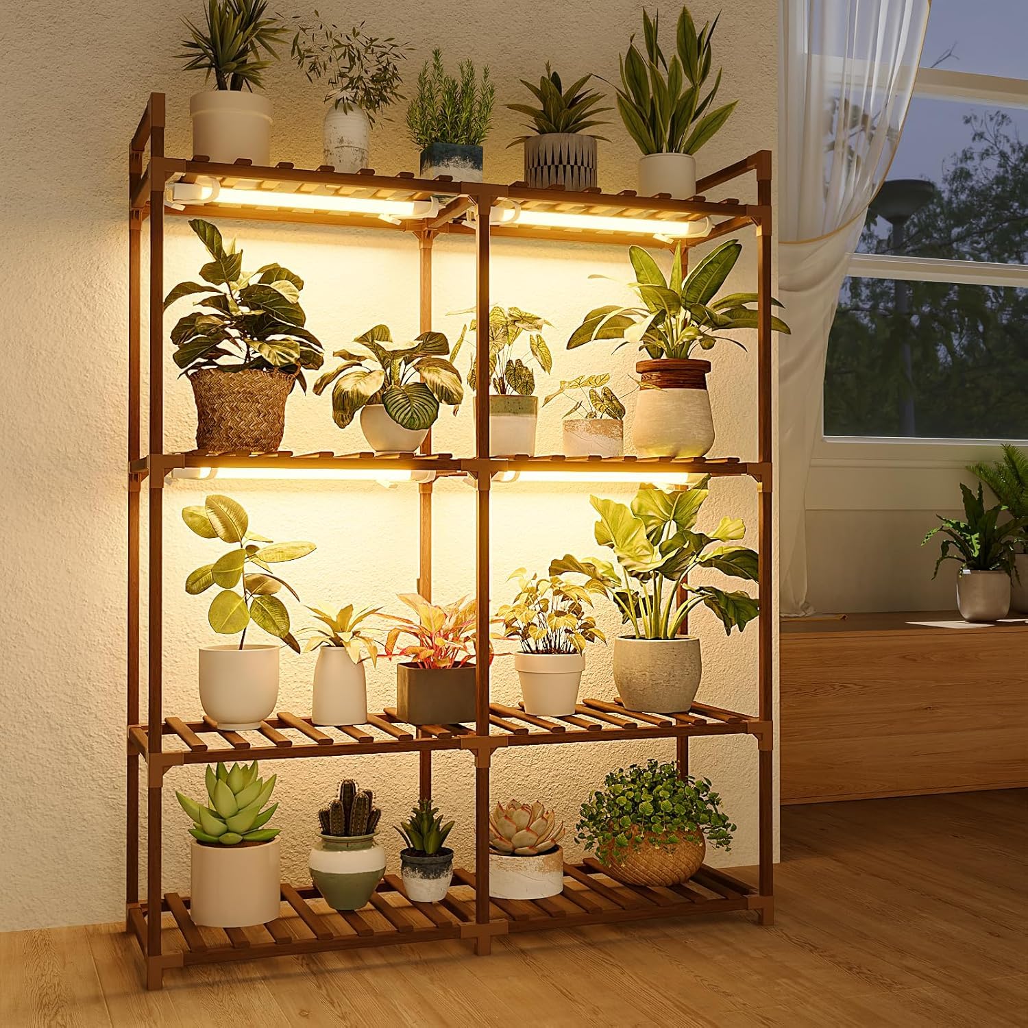 Bamworld Support Plantes Interieur avec Lampe LED, Porte Plante Interieur 8 Niveaux en Bois, Support Plante Moderne pour Salon et Balcon, Étagère de Culture avec Éclairage