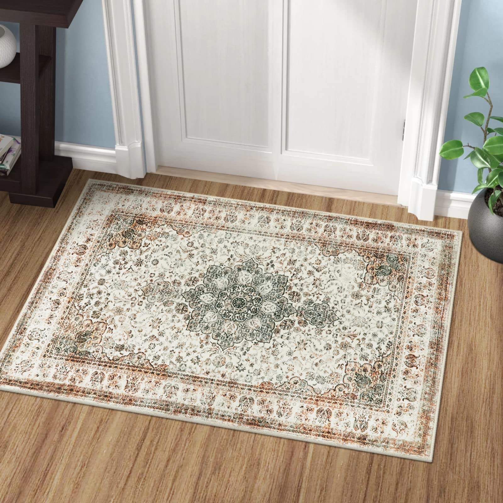 Oriental Area Rug - 2x3 Washable Rug Boho Small Entryway Rug Low-Pile Indoor Rug for Kitchen, Print Distressed Doormat Carpet Non-Slip Throw Rug for Bathroom Entry Sink, Taupe