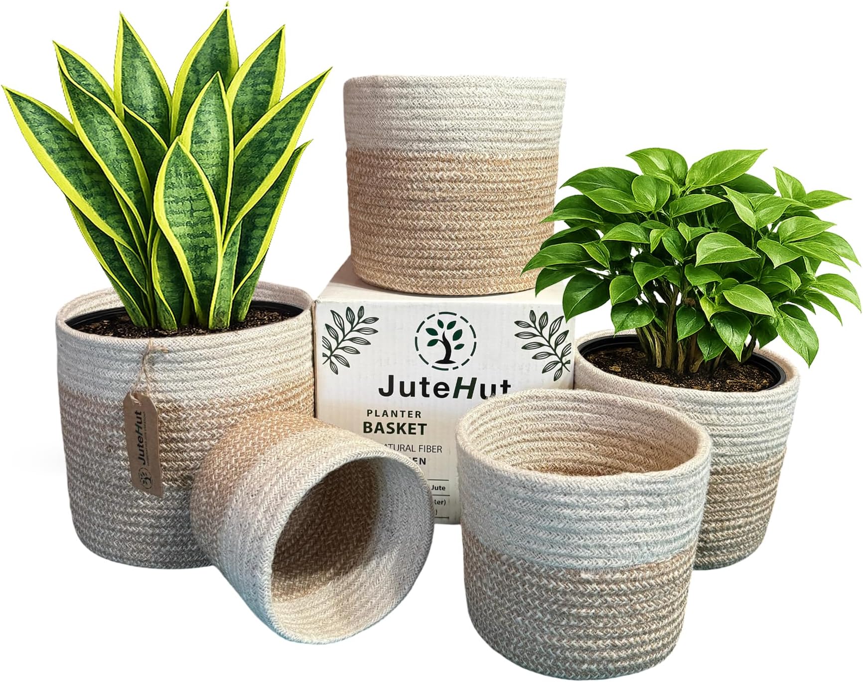 Planter Basket Set – 5-Piece Handwoven Jute Planter Basket for Home Decor, Nursery, or Indoor Plants (5'' to 8'' Diameter, 4.75'' to 7.75'' Height) – Fold & Wrinkle Free - Speckled Gray with White Top