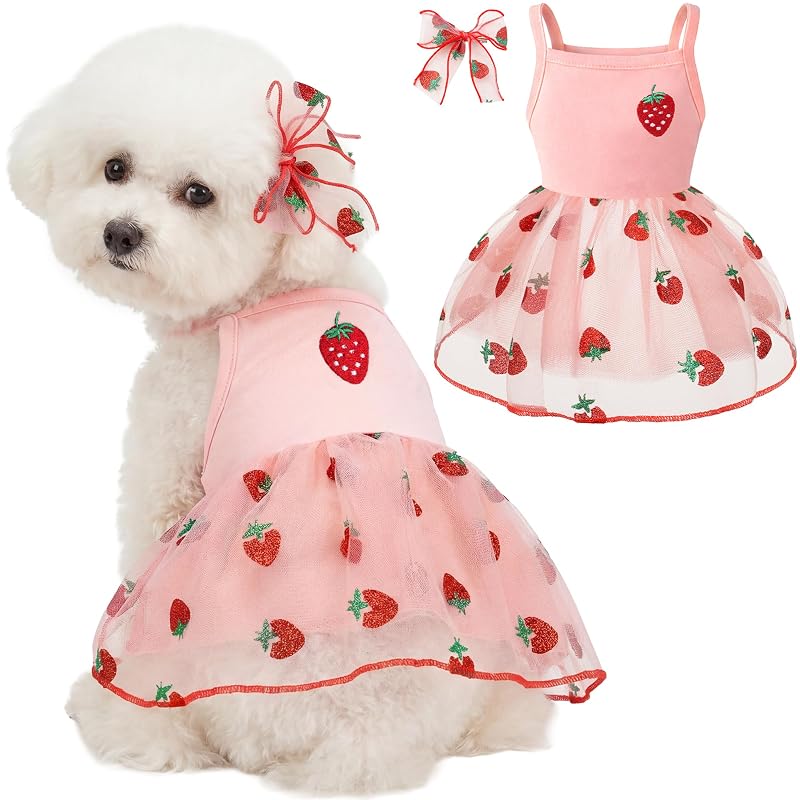 Vestido para Cães Pequenos BAOBICUTE com Bordado de Morango, Algodão e Tule, Tamanho Médio