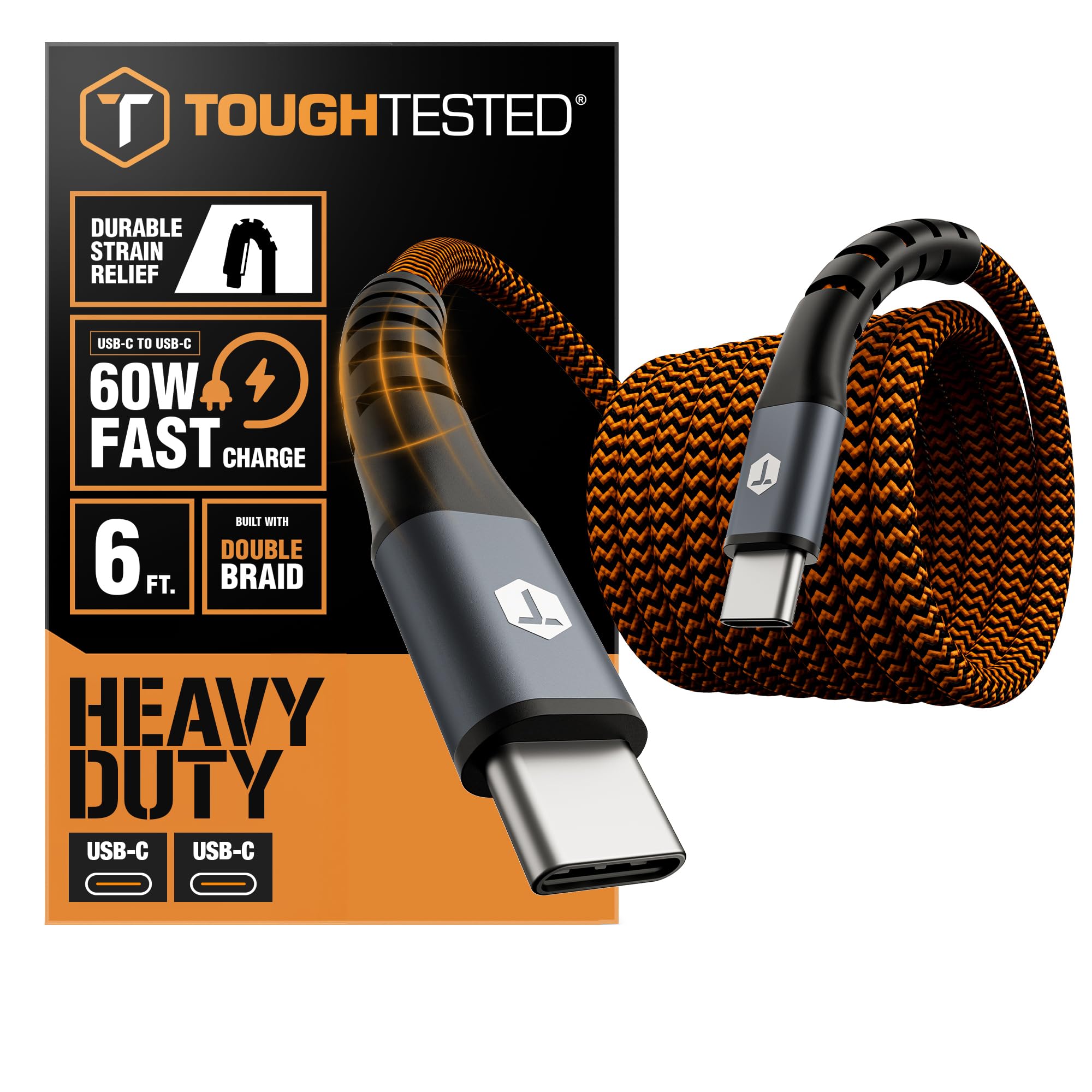 ToughTested Cavo da USB C a USB C da 1,8 m, cavo di ricarica in nylon a doppio intrecciato, ricarica e sincronizzazione rapida da 3 A, cavo di ricarica di tipo C per Android, iPhone 15/16/17