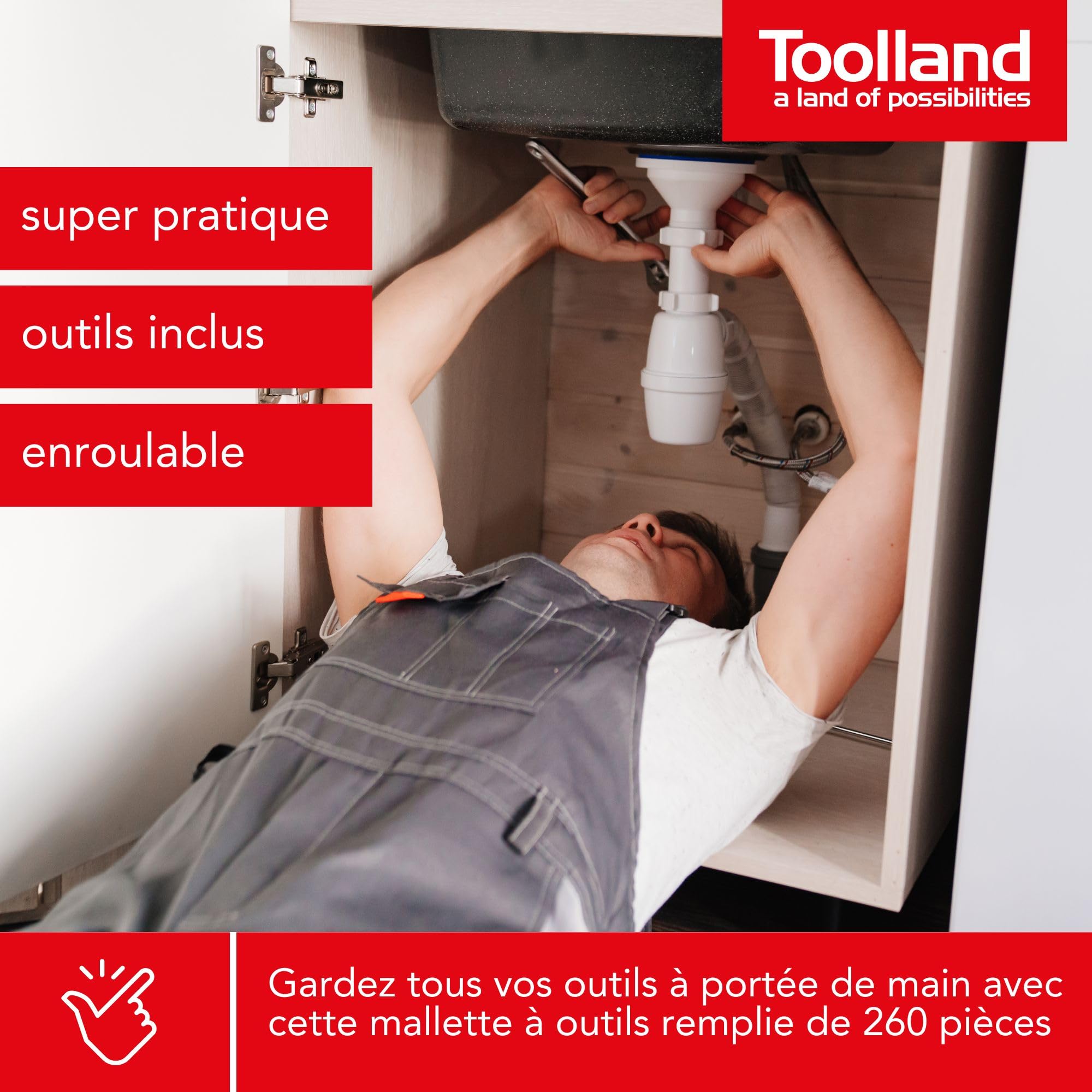 Toolland Chariot à outils rempli, 260 pièces, y compris le contenu, avec 4 plateaux amovibles, sur roues.