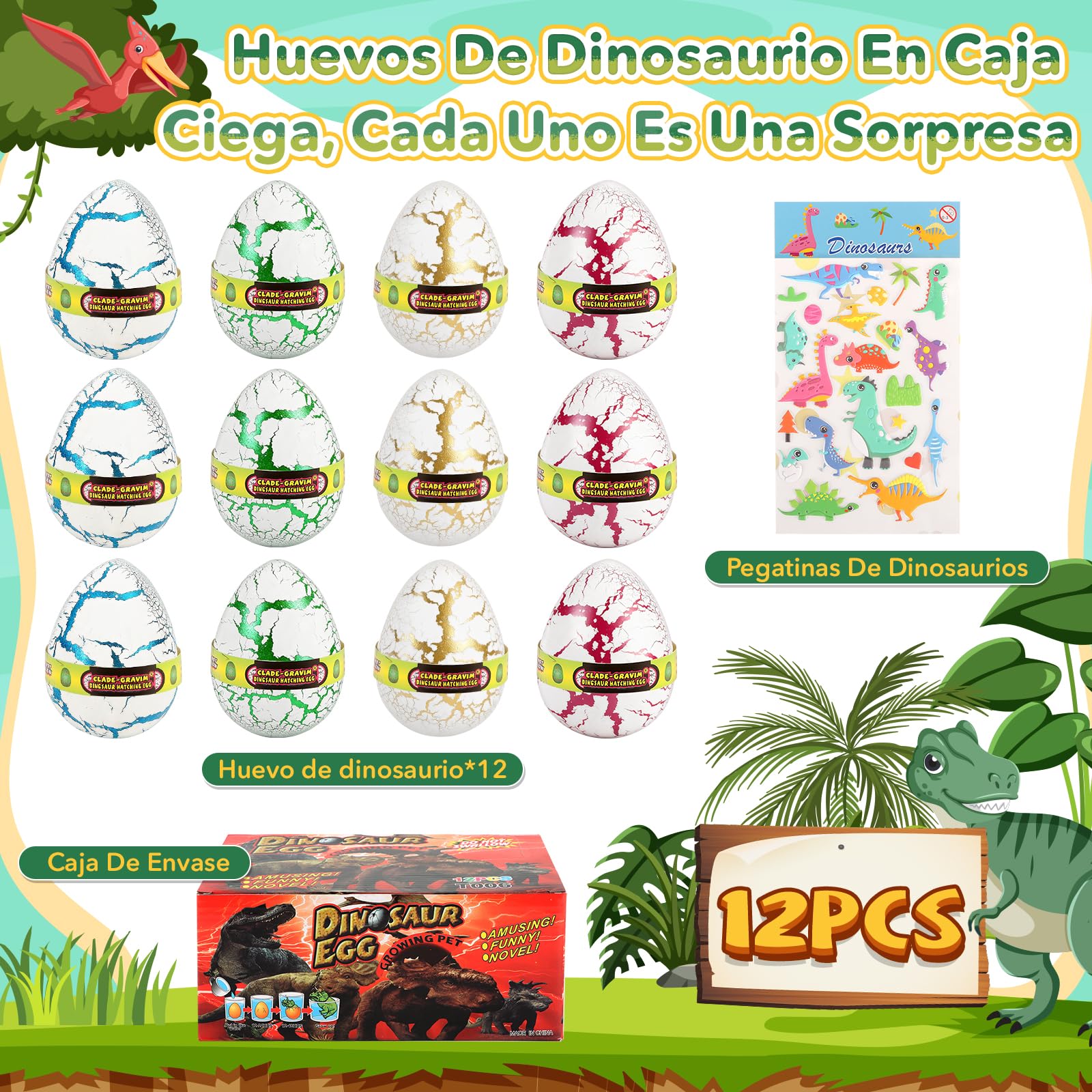 JONRRYIN Dinosaur Eclosionando Huevos Arcoíris - Pack de 12 Juguetes Dino Dinosaur Dragon Eggs para Niños y Niñas, Caja Sorpresa Eclosión, Regalos para Cumpleaños y Pascua, Edades 3 4 5 6 7 8 Años