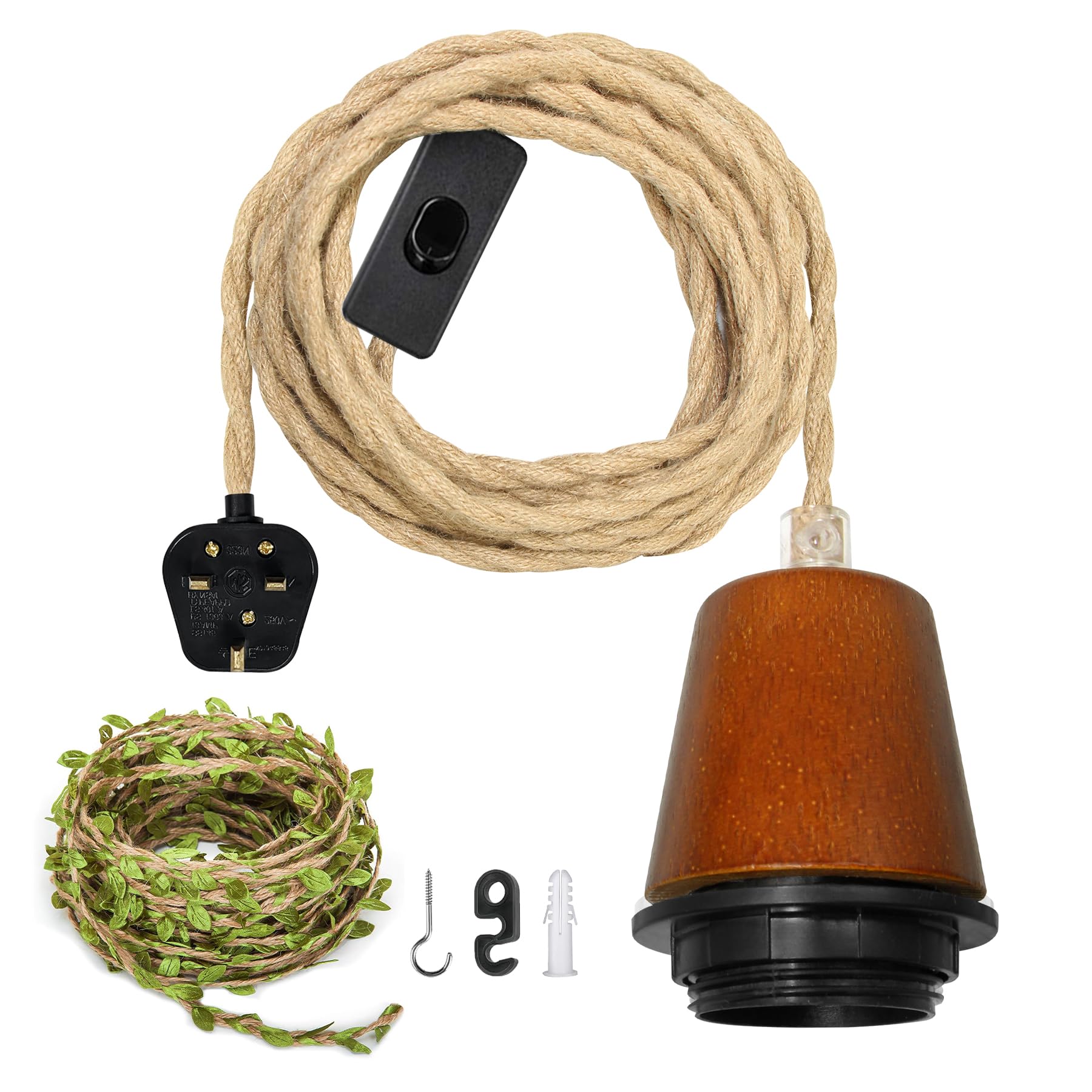 ZRLXFM Rustic Ceiling Hanging Lamp with Plug in Cord, E27 Pendant Light Fitting with Switch, 5.1M Hemp Rope Hanging Light Kit for DIY Lampshade, E27 Lamp Holder with 5m Green Decorative Rope